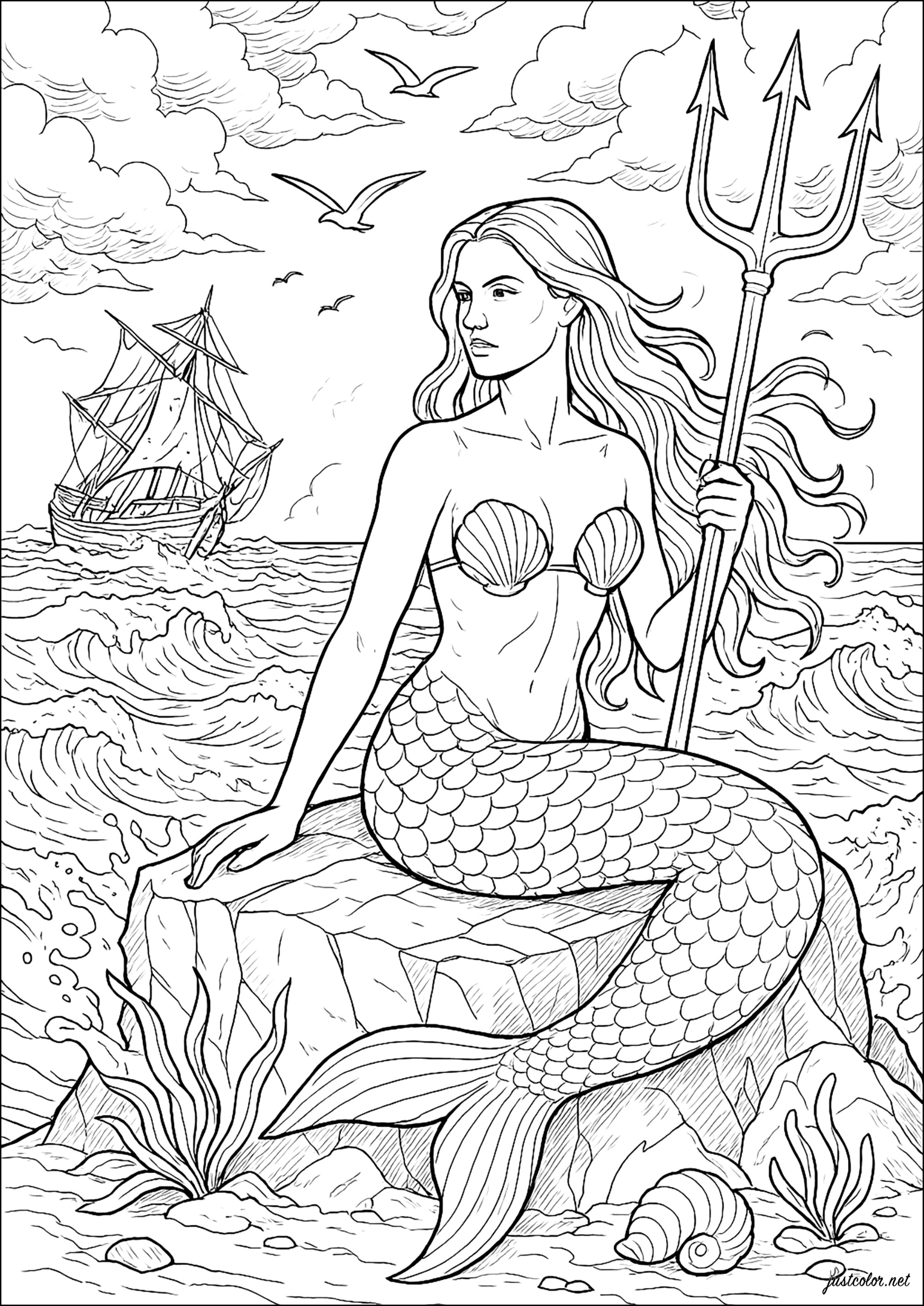 Sirena con Tridente de Tempestad (Página para imprimir para adultos)