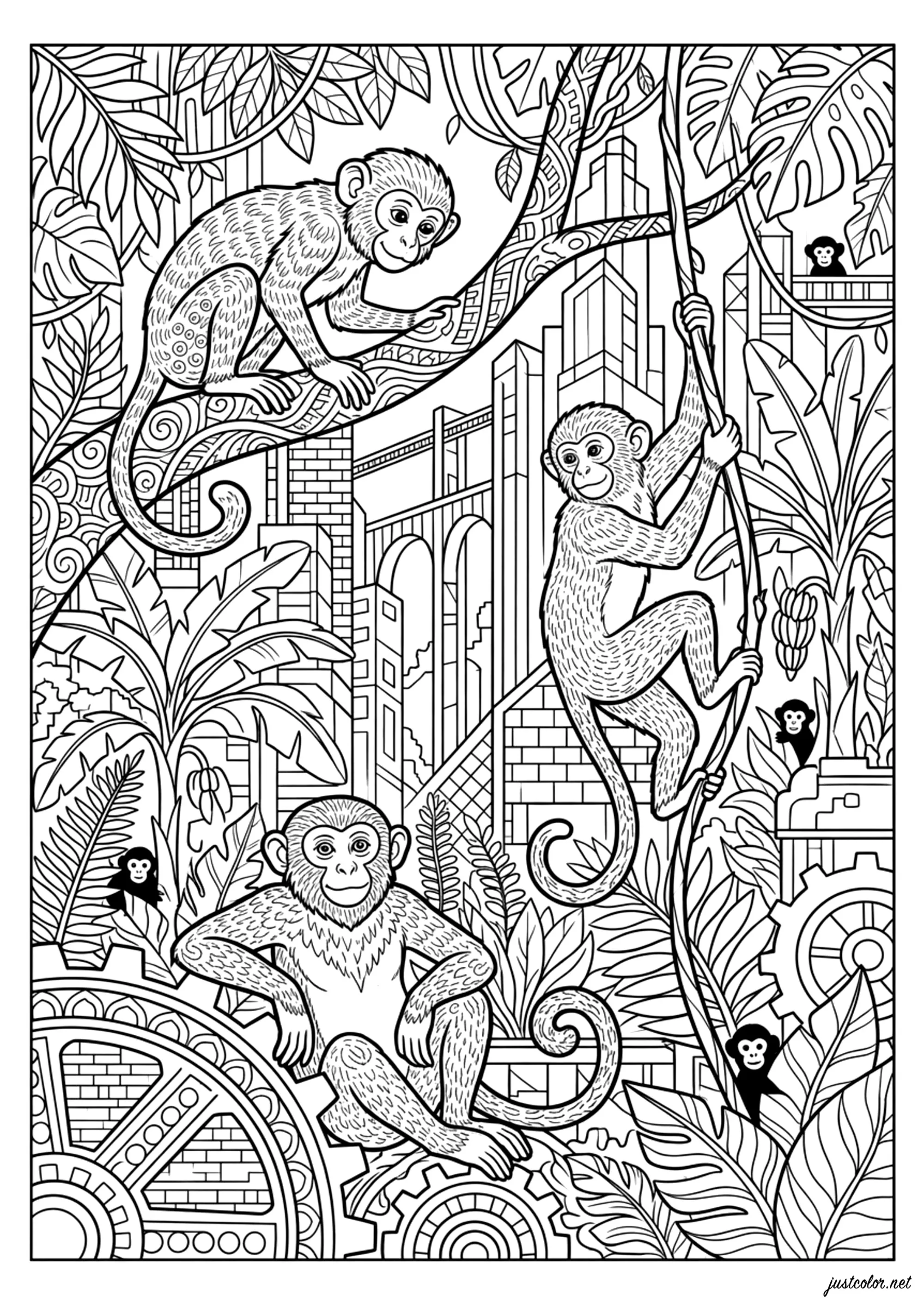 La jungla mecánica de los monos (Página para imprimir para adultos)