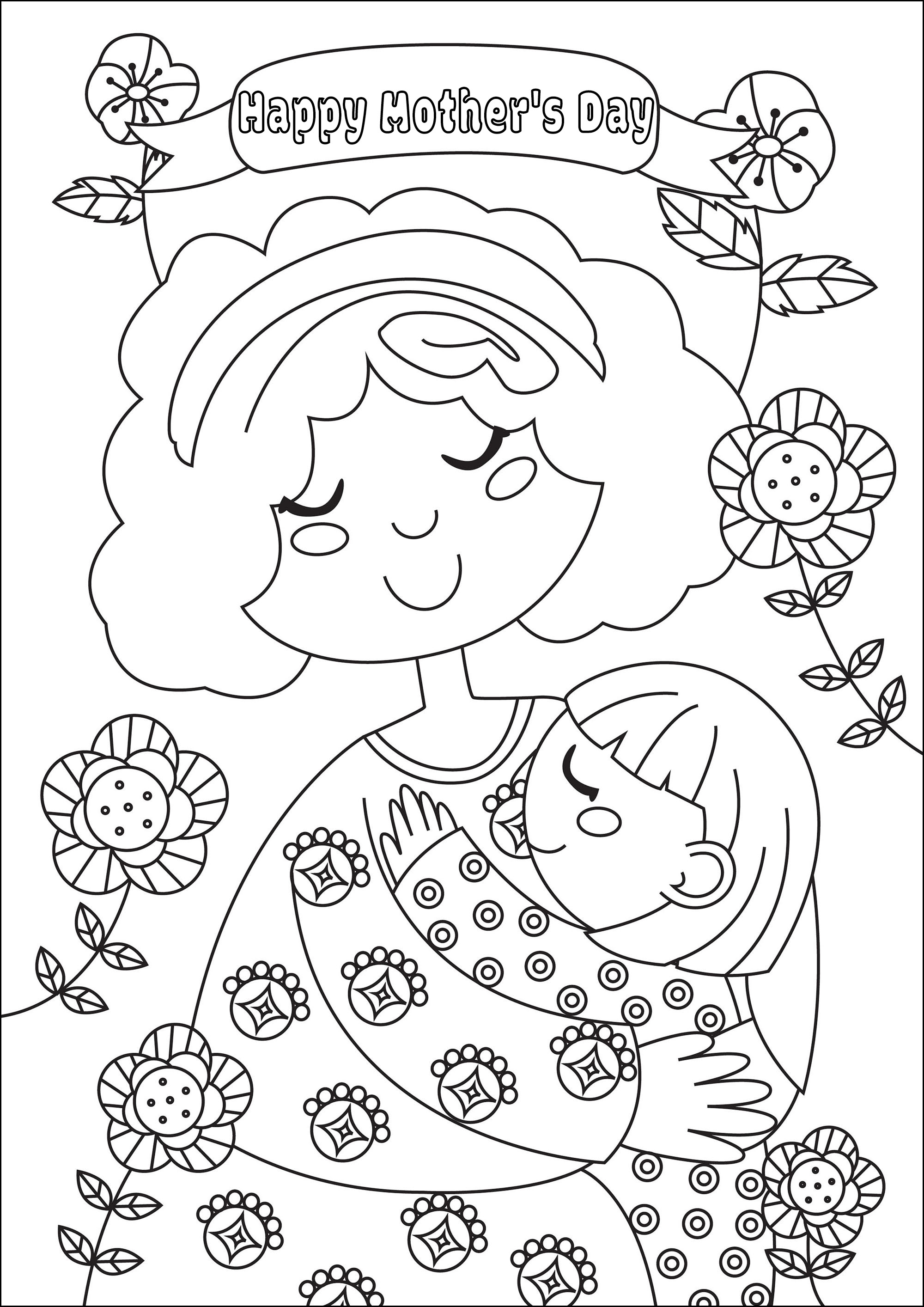 Colorear para el Día de la Madre. Una preciosa página para colorear con una niña besando a su querida madre, Artista : Gaelle Picard