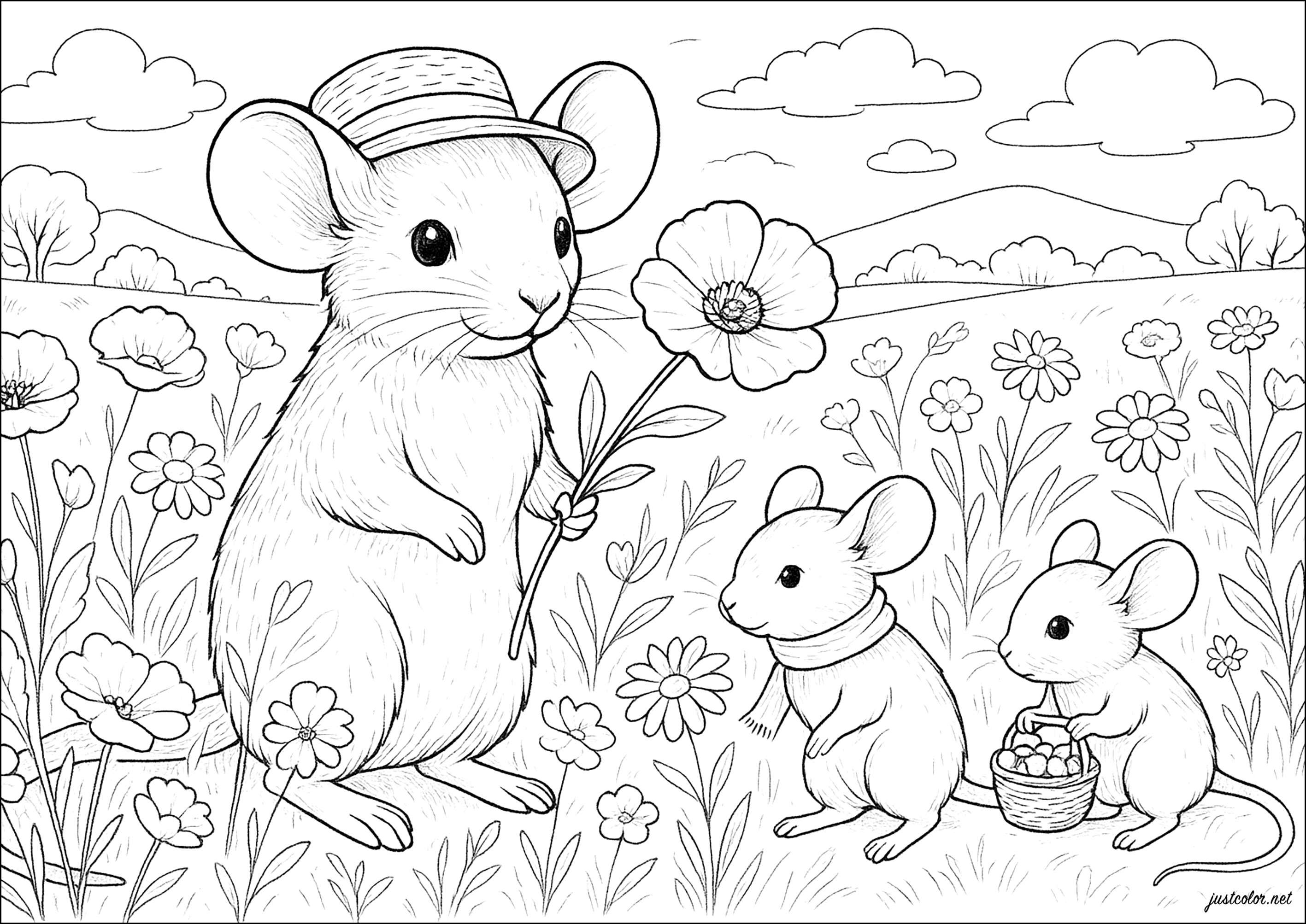 Ratones de campo en un paseo (Página para imprimir para adultos)