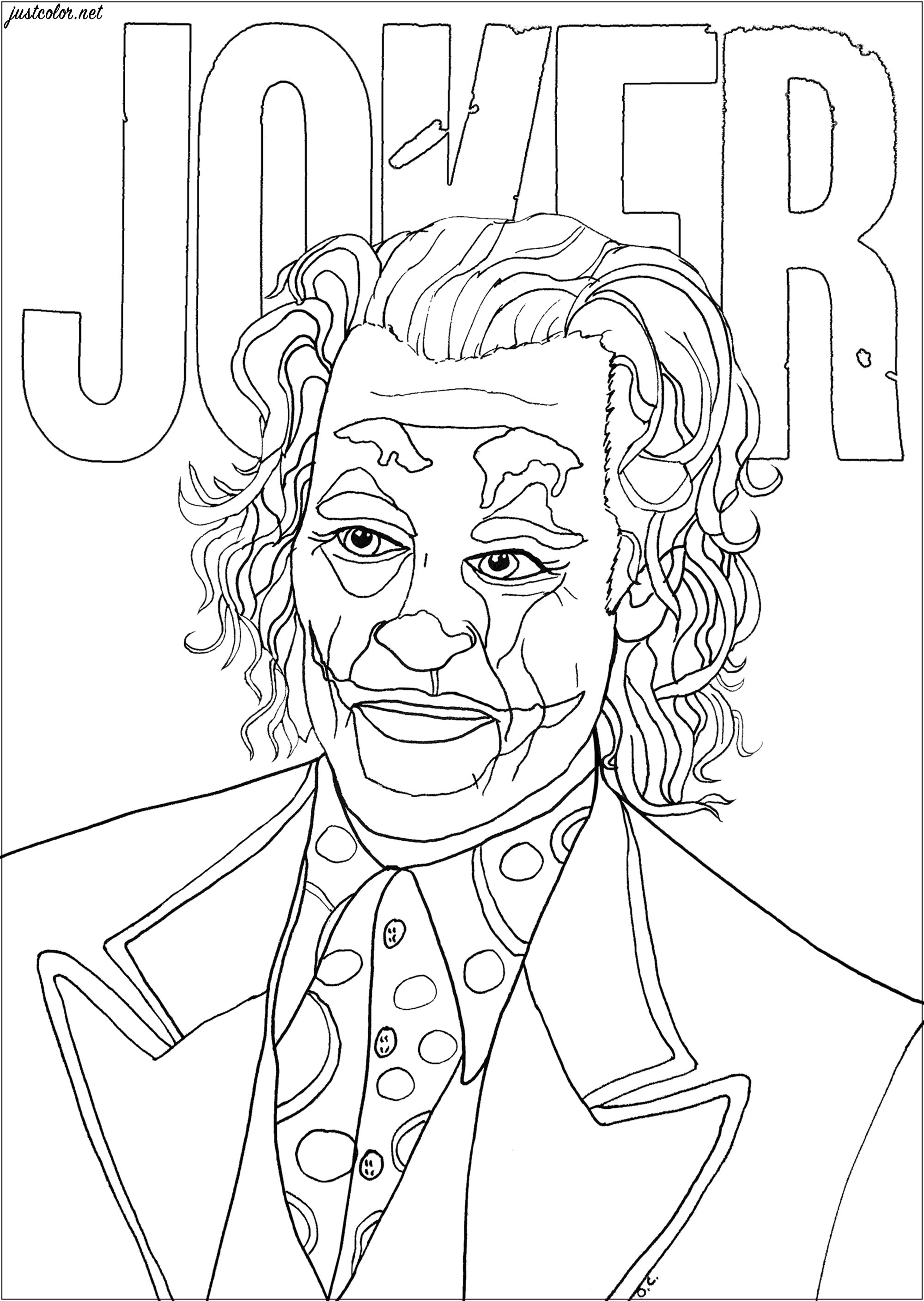 Página para colorear inspirada en el Joker, interpretado por Joaquin Phoenix en la película de 2019 dirigida por Todd Phillips. Joker es considerado como el principal supervillano de DC Comics.