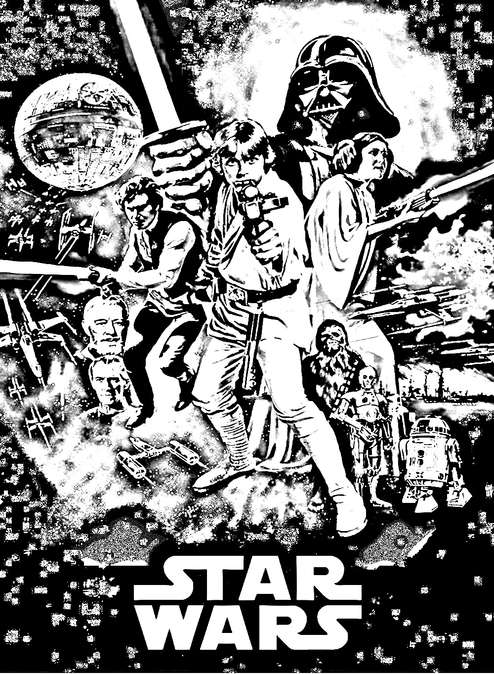 Una página para colorear hecha con el póster de la película Star Wars episodio IV. Star Wars: Episodio IV - Una nueva esperanza (Star Wars) es una película dirigida por George Lucas y protagonizada por Mark Hamill y Harrison Ford. Se estrenó en cines en 1977.