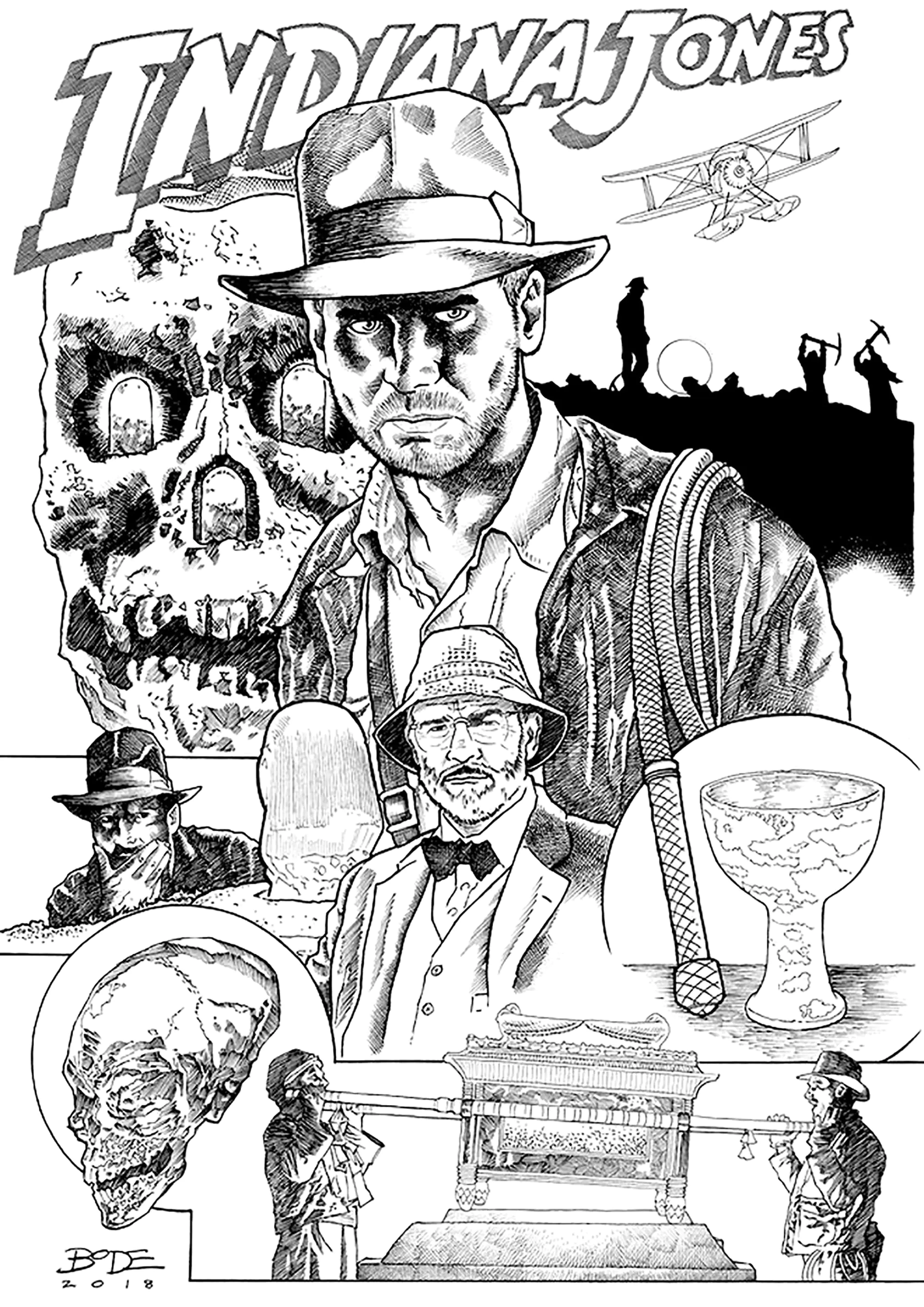 Dibujo inspirado en las aventuras de Indiana Jones (Página de Películas para imprimir para adultos)