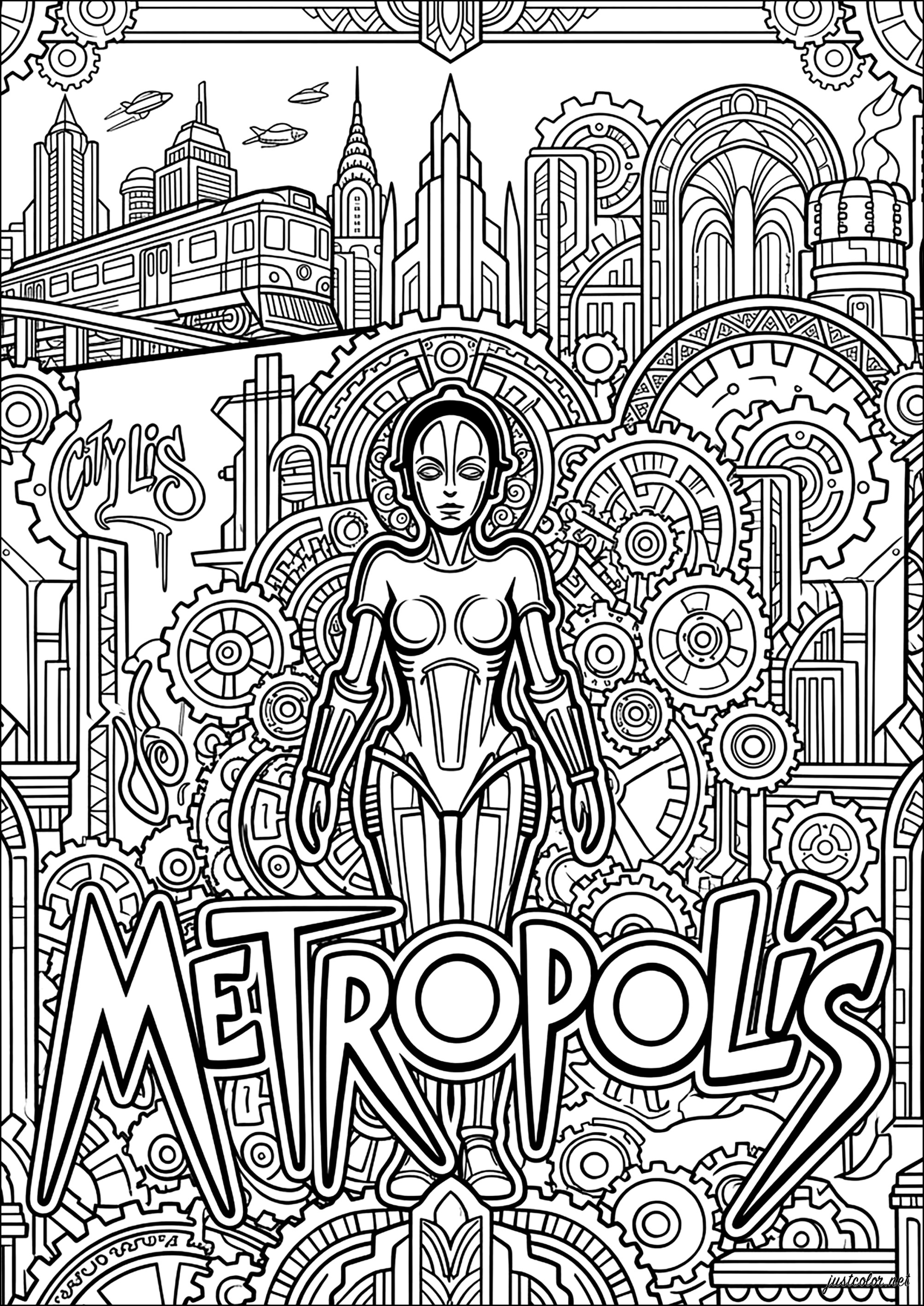 Metrópolis – Ciudad Futurista y la Robot María Inspirada en la Película de Culto (Página para imprimir para adultos)