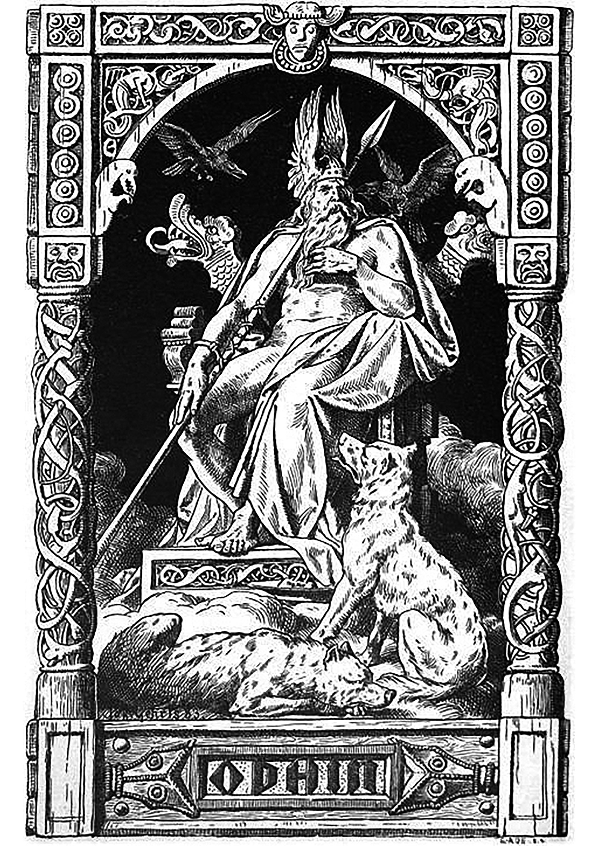 Odín - ilustración de Johannes Gehrts (1855, 1921). Esta ilustración muestra a Odín, el dios principal de la mitología nórdica, entronizado en su trono. Está rodeado por sus dos cuervos, Hugin y Munin, que son sus mensajeros y le informan de todo lo que ocurre en el mundo.