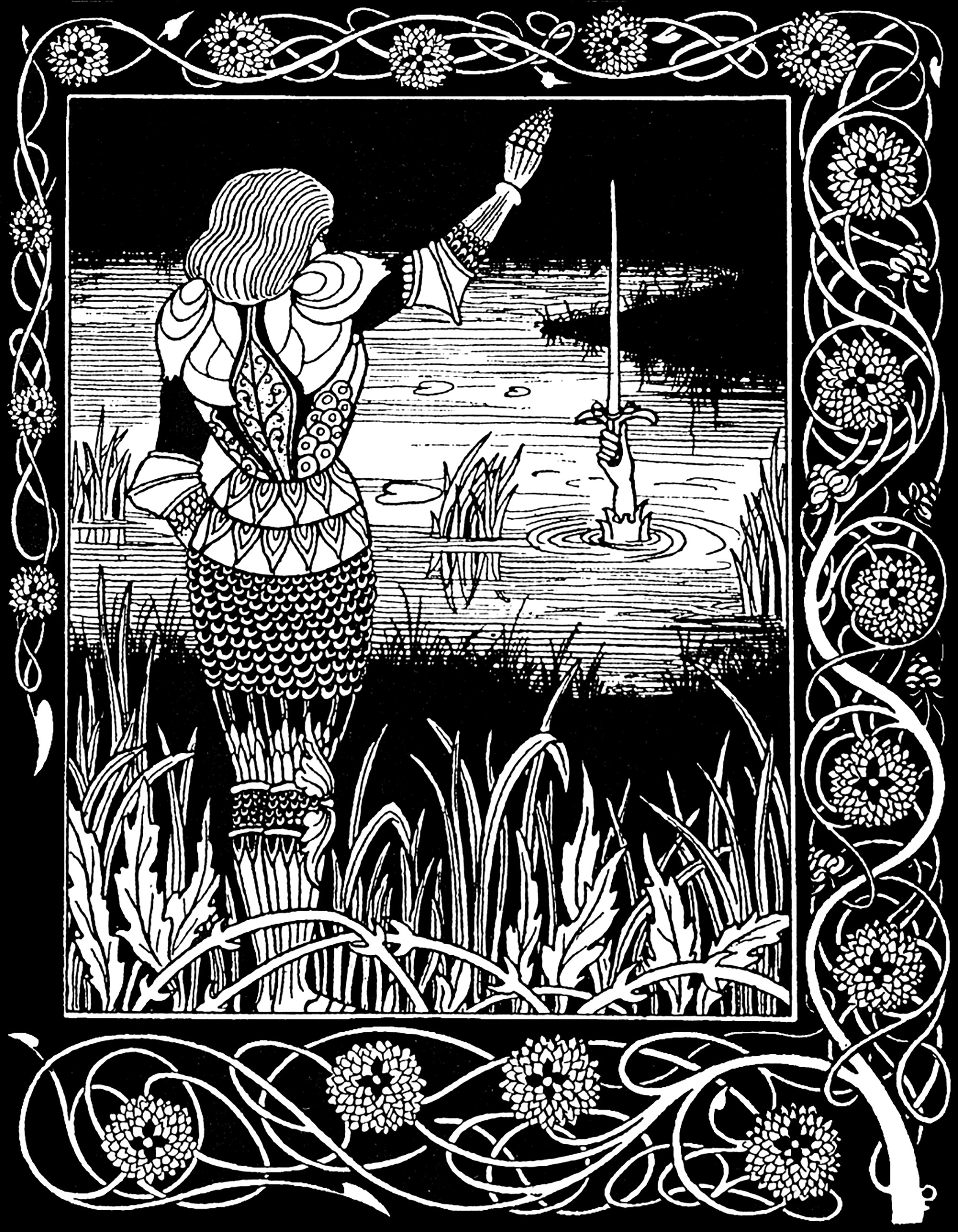 Sir Bedivere arroja Excalibur, la espada de Arturo, al lago de donde salió. Ilustración de Aubrey Beardsley (1872-1898) para una edición de La Mort d'Arthur de Sir Thomas Malory (1893).