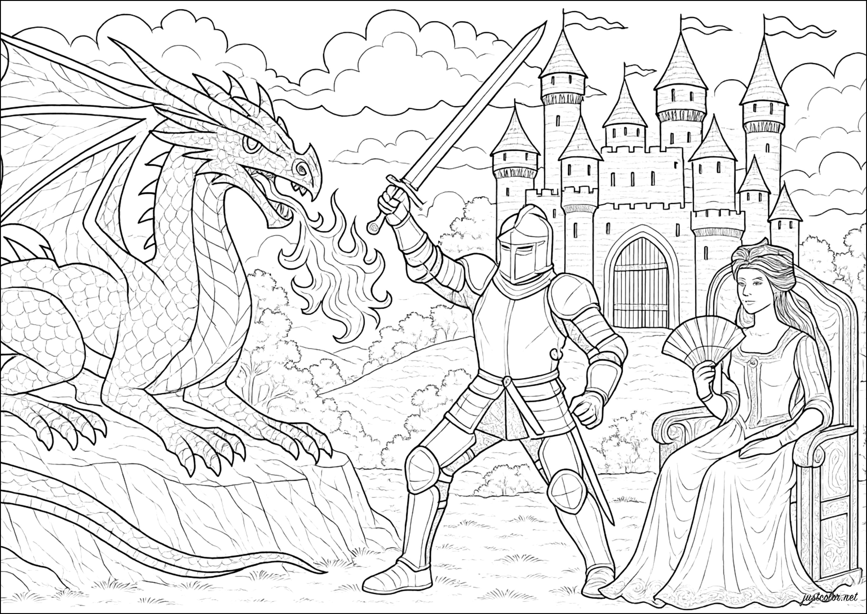 Valiente caballero enfrentando al dragón (Página de Mitos y leyendas para imprimir para adultos)