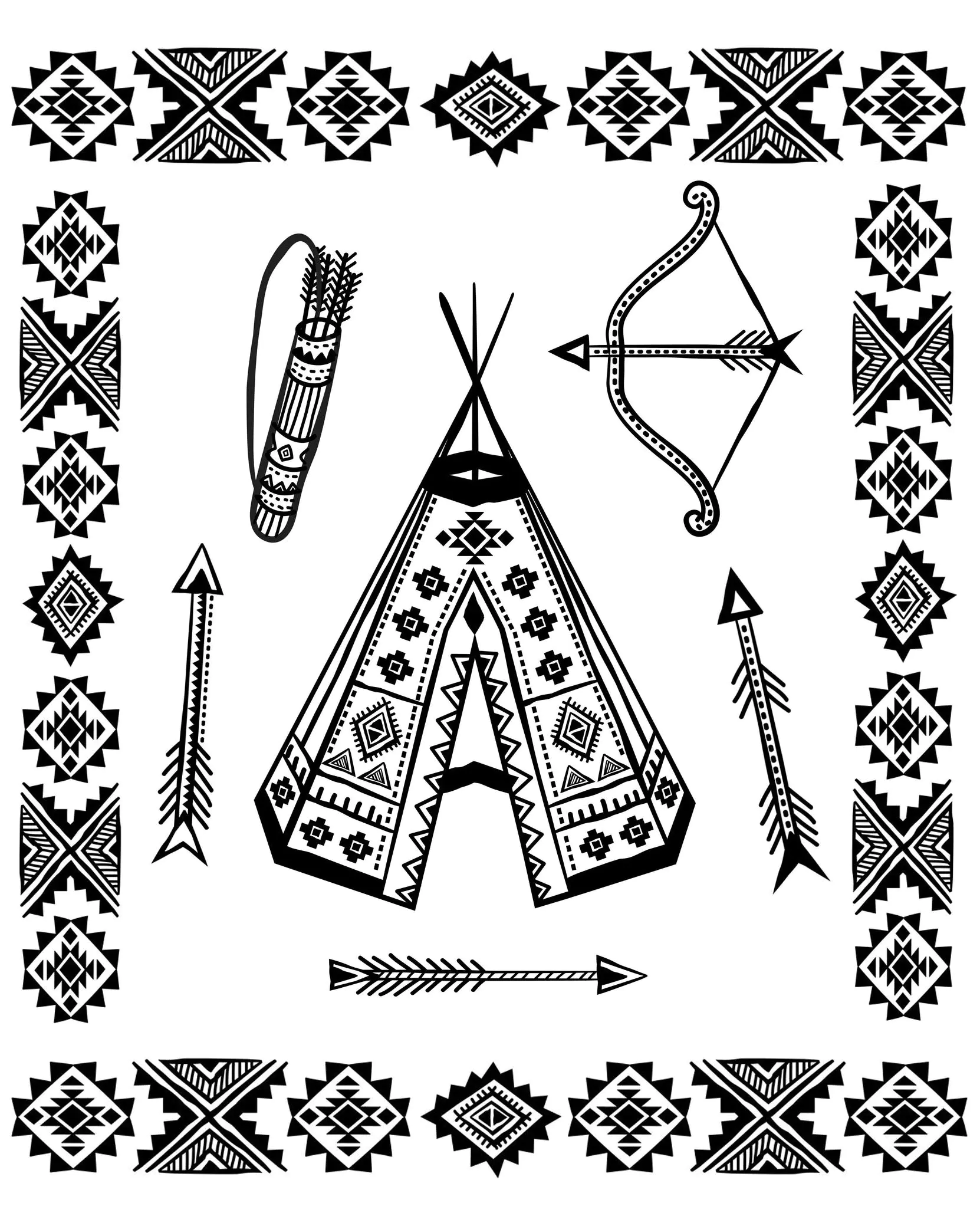 Punta de tipi ornamentada y armas tradicionales nativoamericanas (Página de India De America para imprimir para adultos)