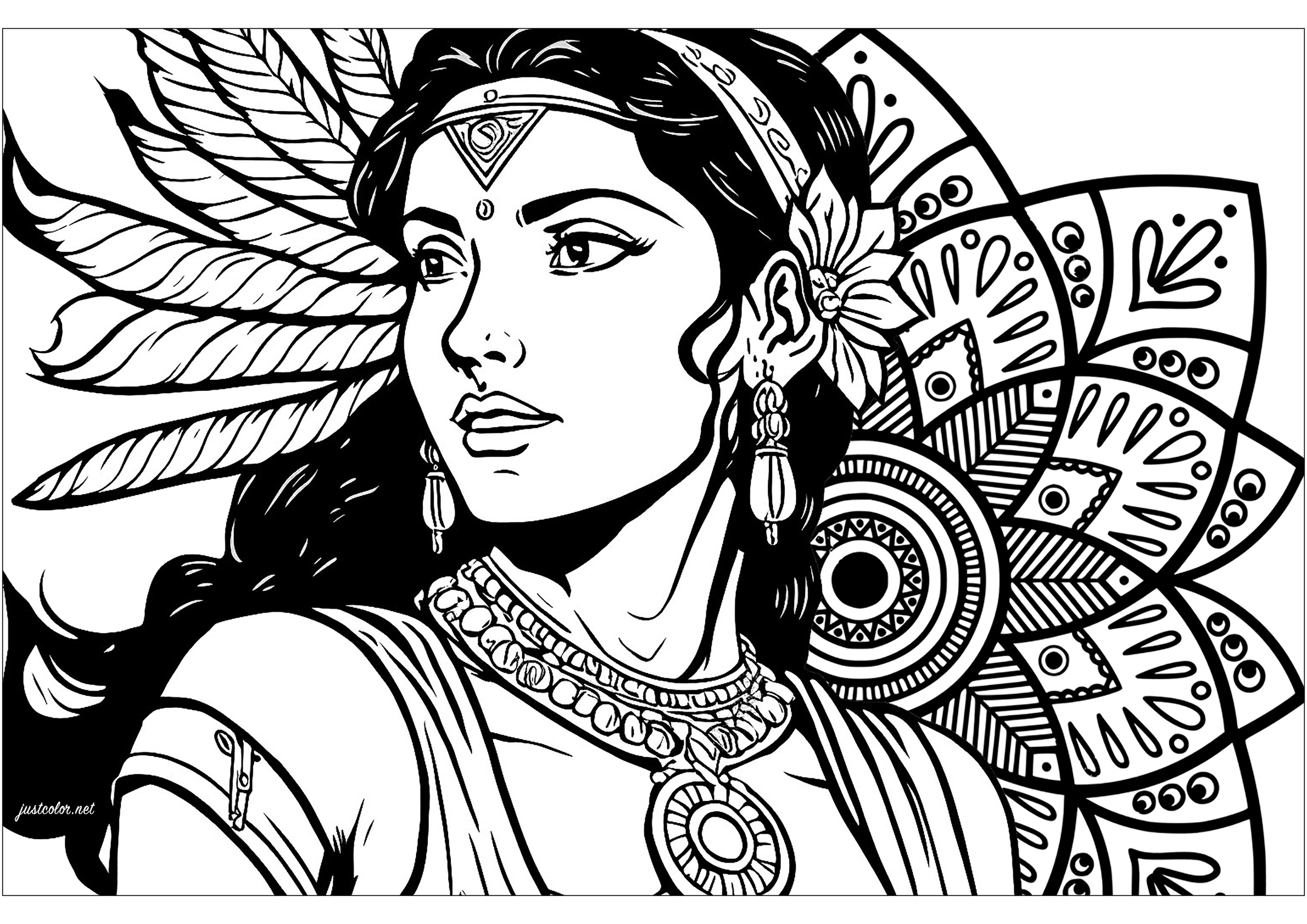 Magnífica coloración de una mujer india y un mandala inspirado en motivos indios. El dibujo de esta mujer india de mirada penetrante nos recuerda la fuerza interior que yace latente en nosotros, mientras que el mandala inspirado en los patrones indios simboliza la armonía universal, invitando a la paz interior.
