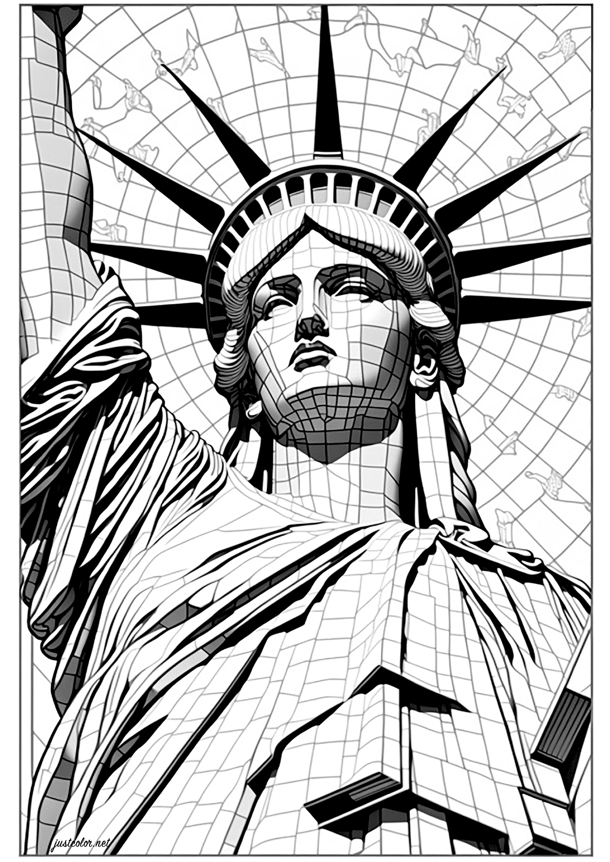 Estatua de la Libertad en 3D. Esta página para colorear es un reto único y emocionante para los amantes de colorear. Representa la Estatua de la Libertad en estilo 3D. Los detalles de la estatua se complementan con facetas geométricas de líneas finas, que tendrás que colorear individualmente.