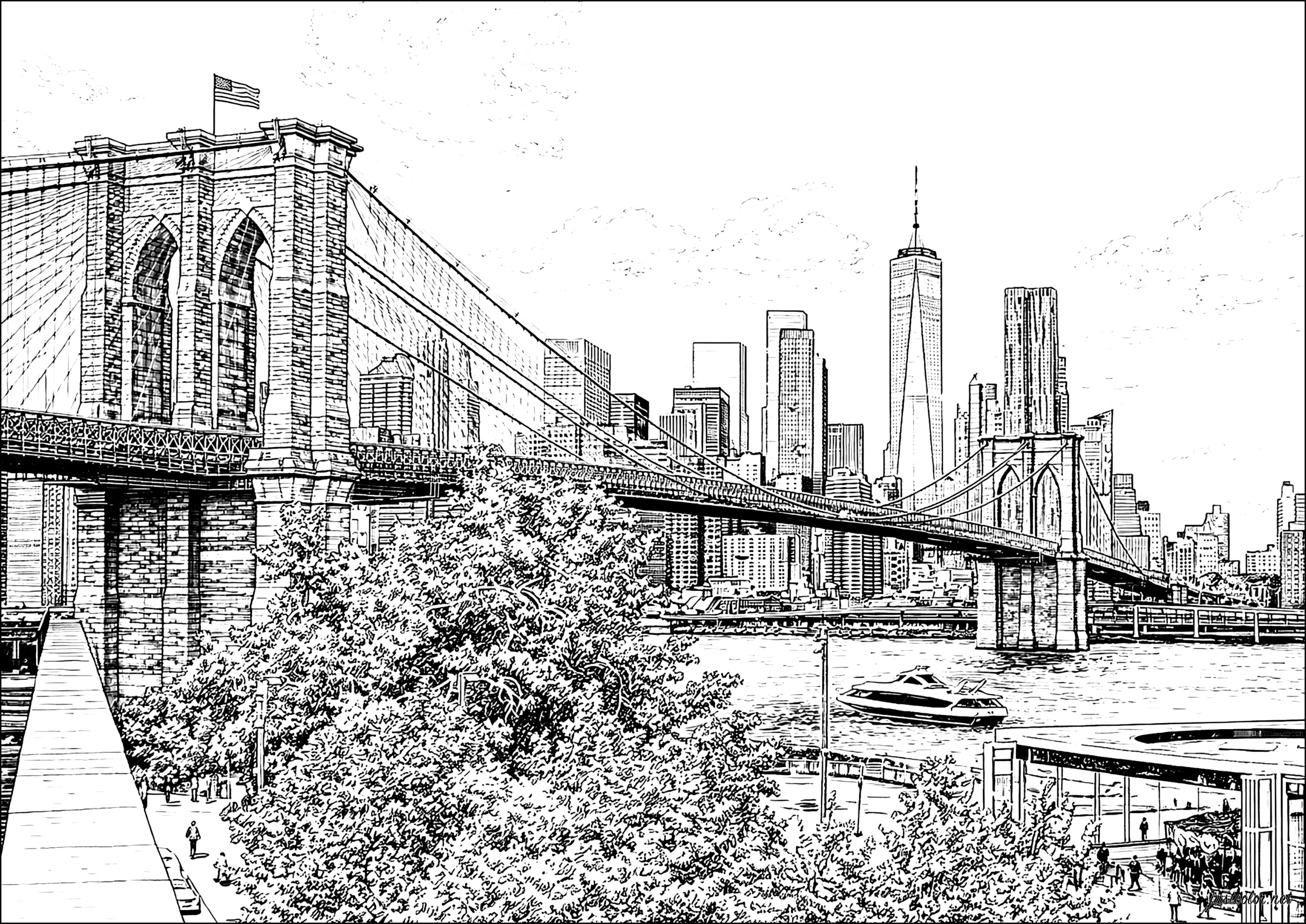 Puente de Brooklyn y rascacielos de Manhattan (Página de New York para imprimir para adultos)