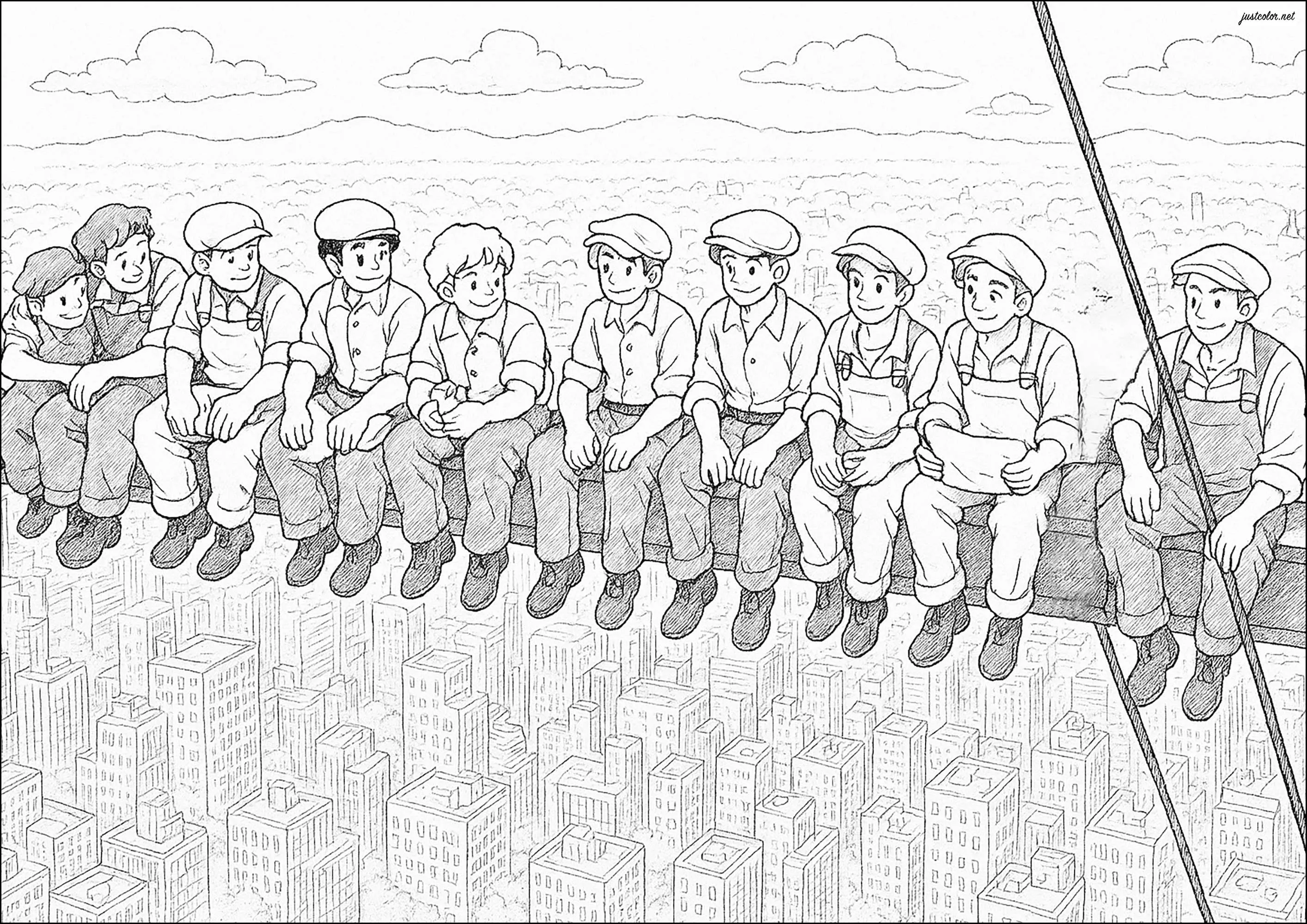 Coloreado creado a partir de la mítica foto de unos obreros sentados en una viga, construyendo un rascacielos en Nueva York. (Página de New York para imprimir para adultos)