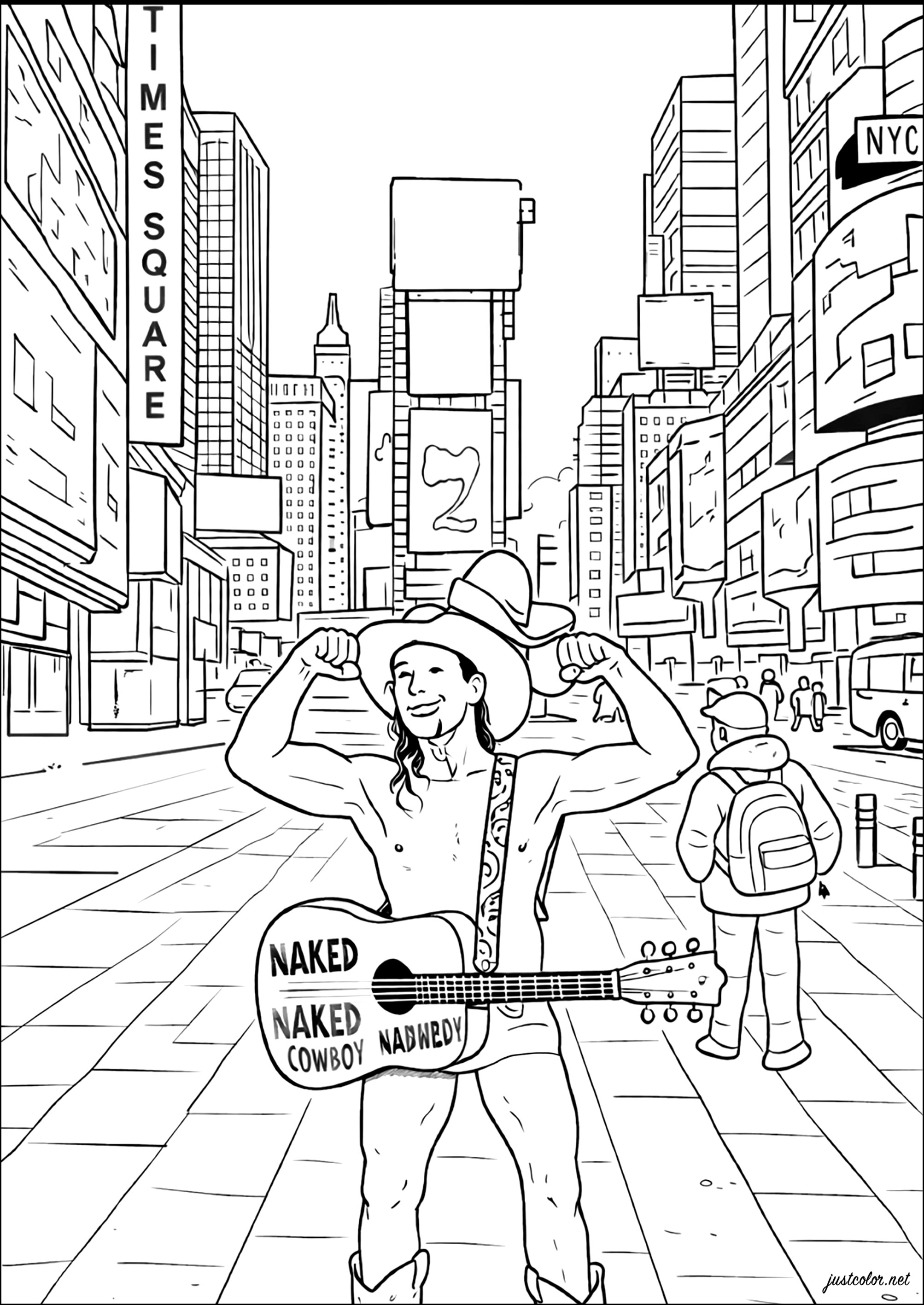 Escena urbana dinámica en Times Square con el Cowboy Desnudo (Página de New York para imprimir para adultos)