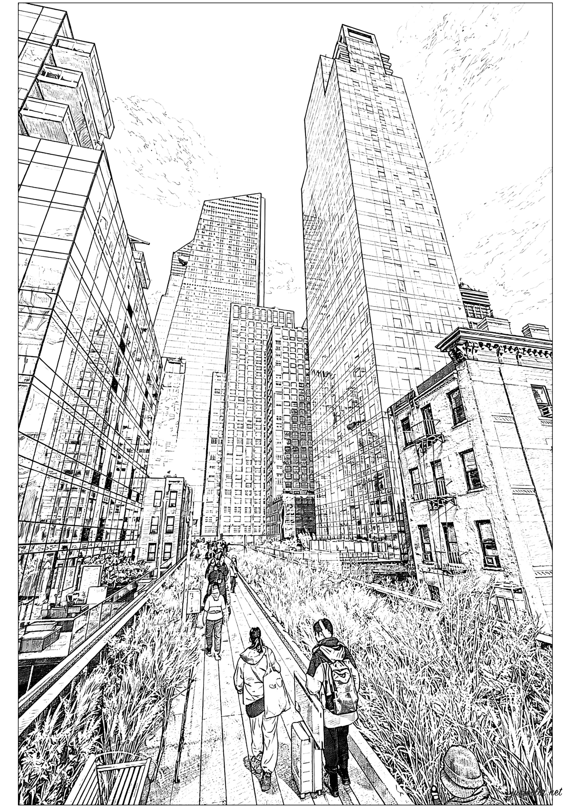 Un paseo urbano entre rascacielos (Página de New York para imprimir para adultos)