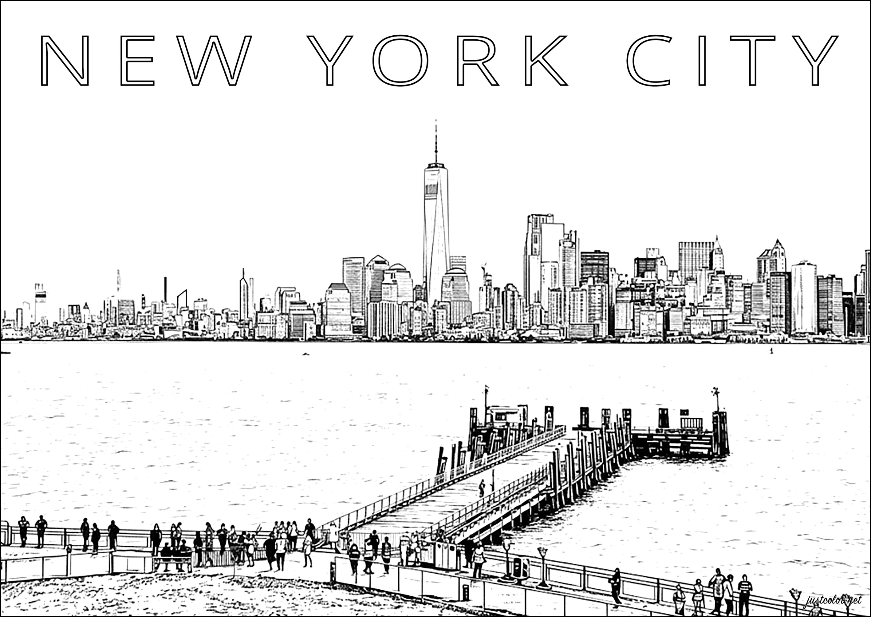 Panorama urbano con vista a Manhattan (Página de New York para imprimir para adultos)