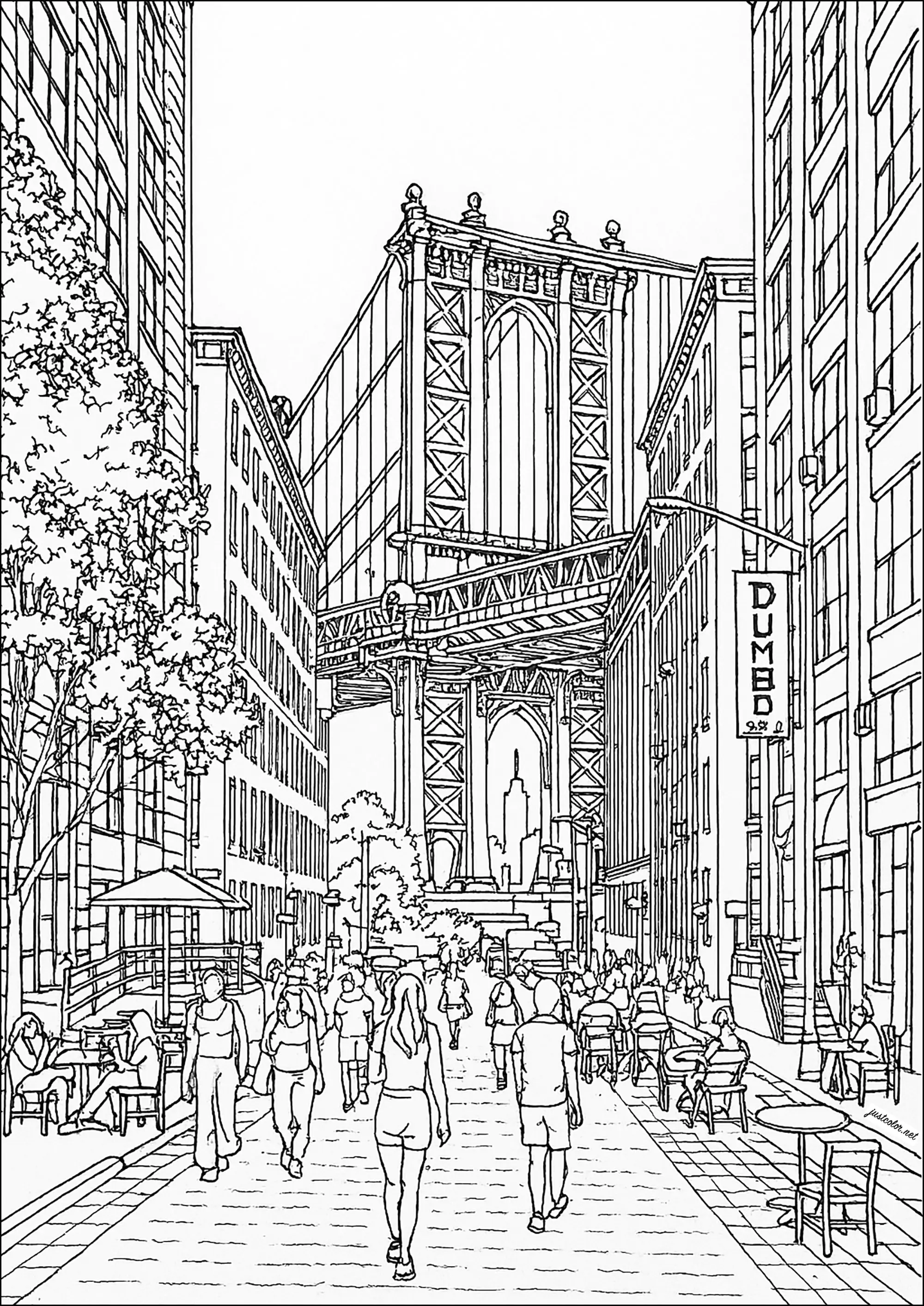 Vista mítica del puente de Manhattan de Nueva York (Página de New York para imprimir para adultos)