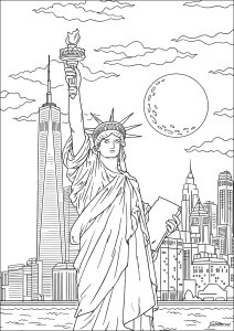 Estatua de la Libertad bajo la luna, frente a Manhattan (Página de New York  para imprimir)