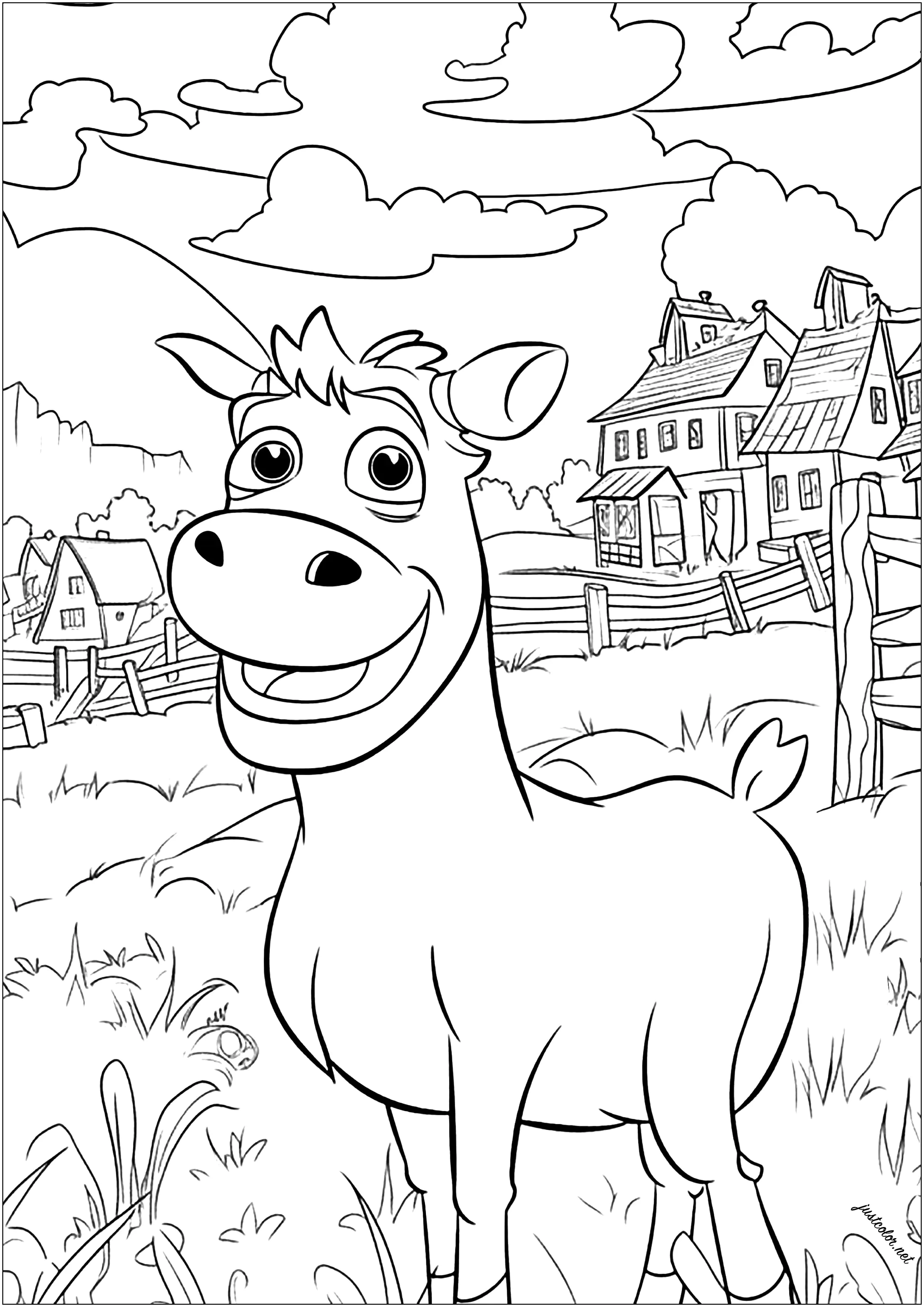 Vaca joven en una granja (Página de Otros Animales para imprimir para adultos)