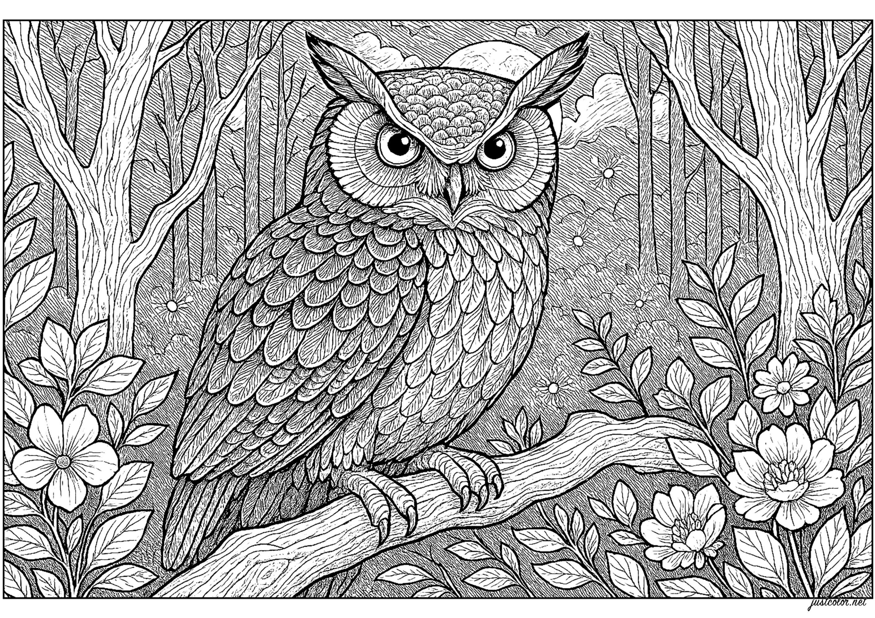 Búho nocturno y bosque encantado (Página para imprimir para adultos)