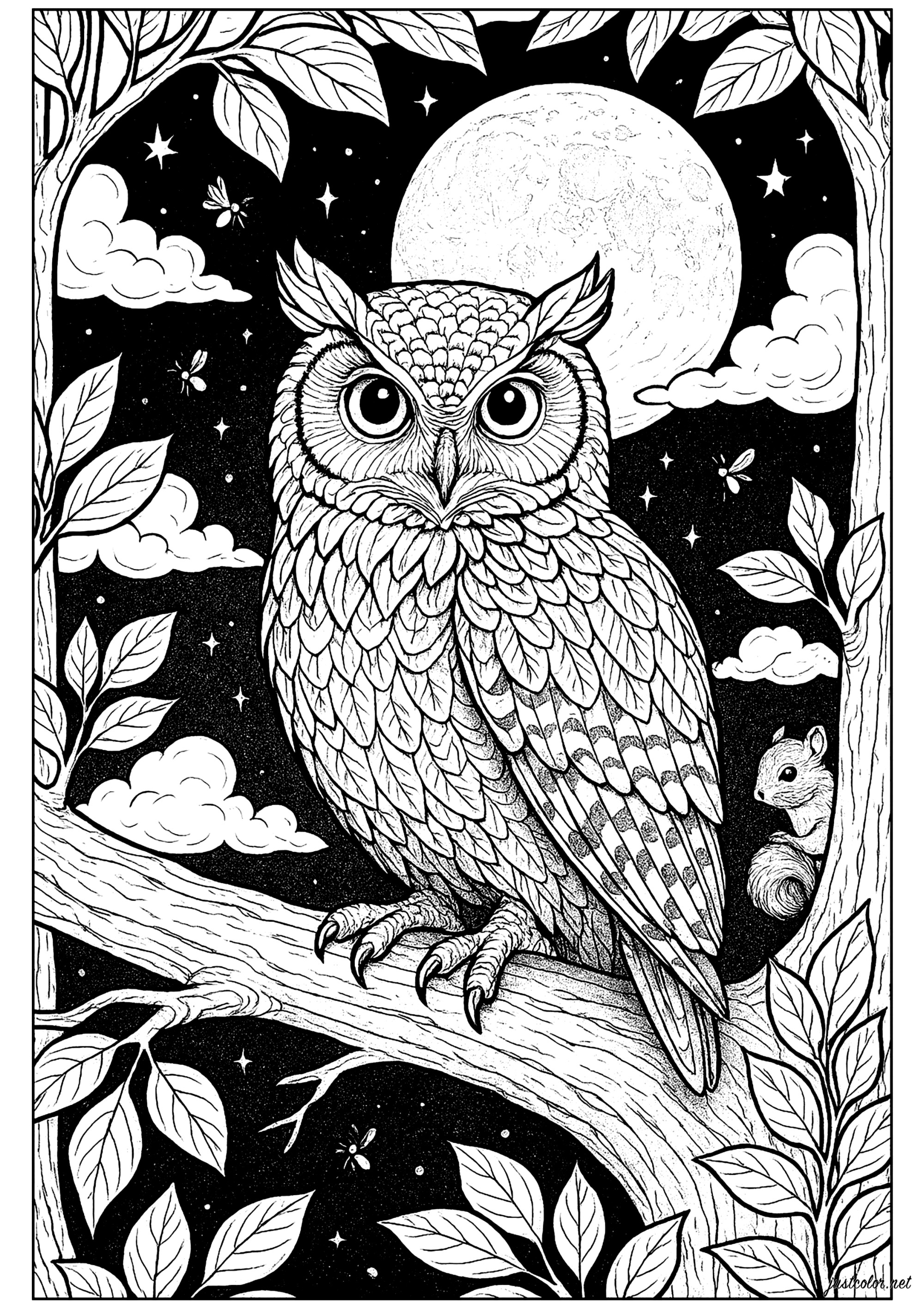 Búho nocturno y luna mística (Página para imprimir para adultos)