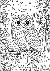 Búho nocturno en el bosque encantado (Página para imprimir)