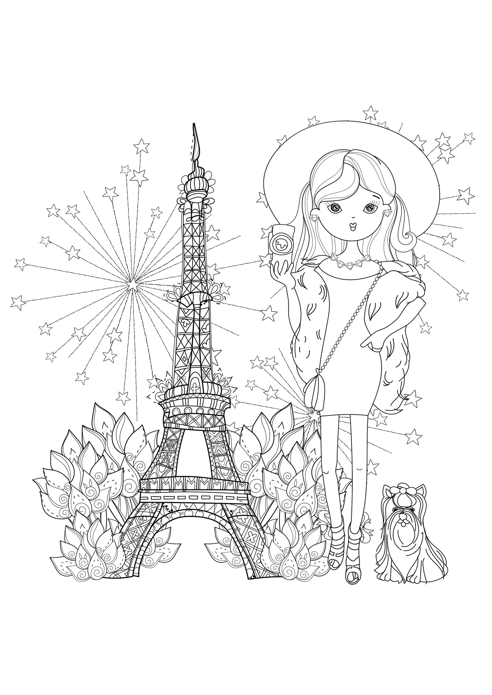 Joven viajera con su perrito y la Torre Eiffel. Construida en 1889 para la Exposición Universal, la Torre Eiffel se ha convertido en el principal símbolo de París, e incluso de Francia.