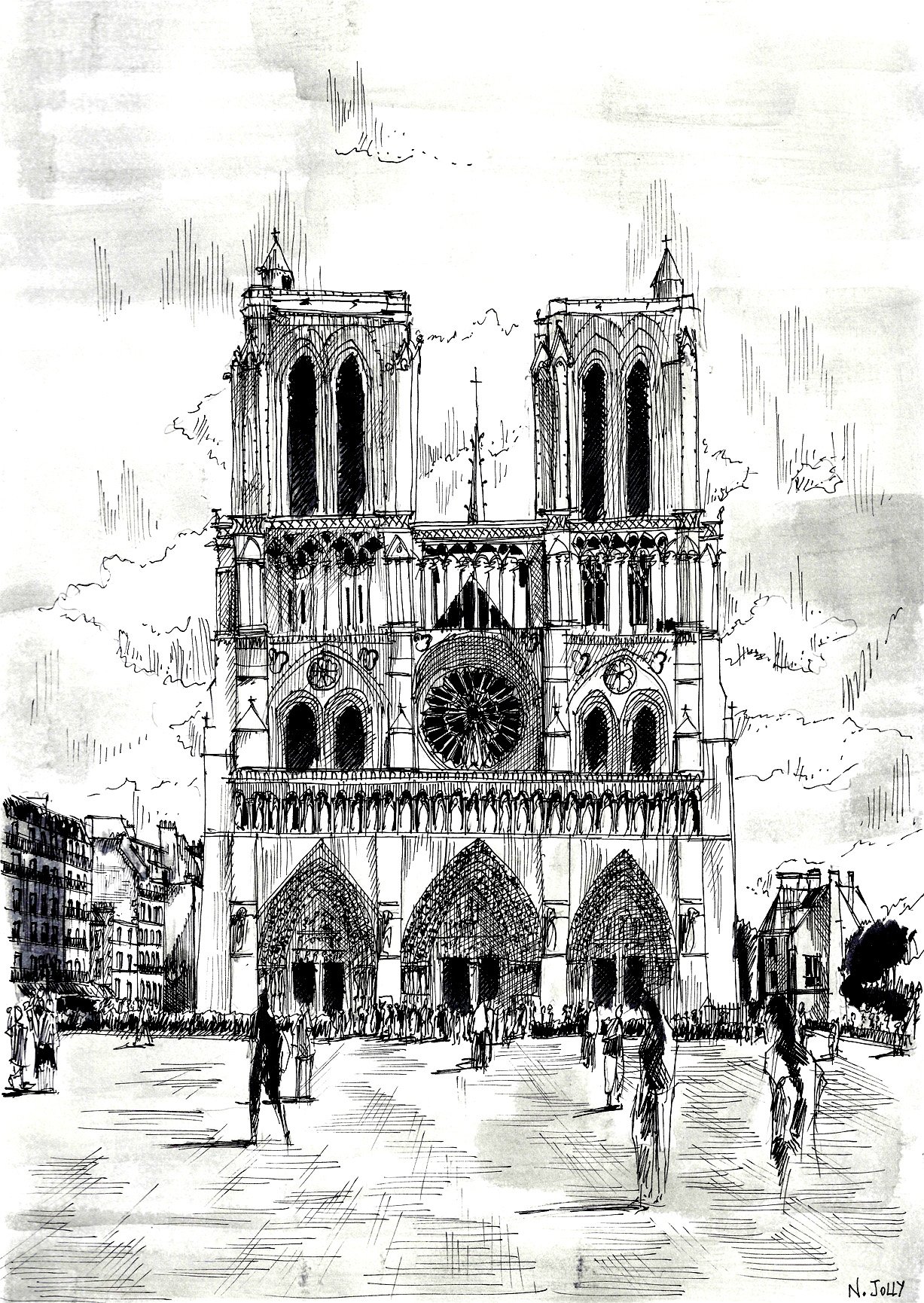 Preciosa página de dibujo de Notre Dame de París, colorea detalle a detalle, ¡o incluso píntala!