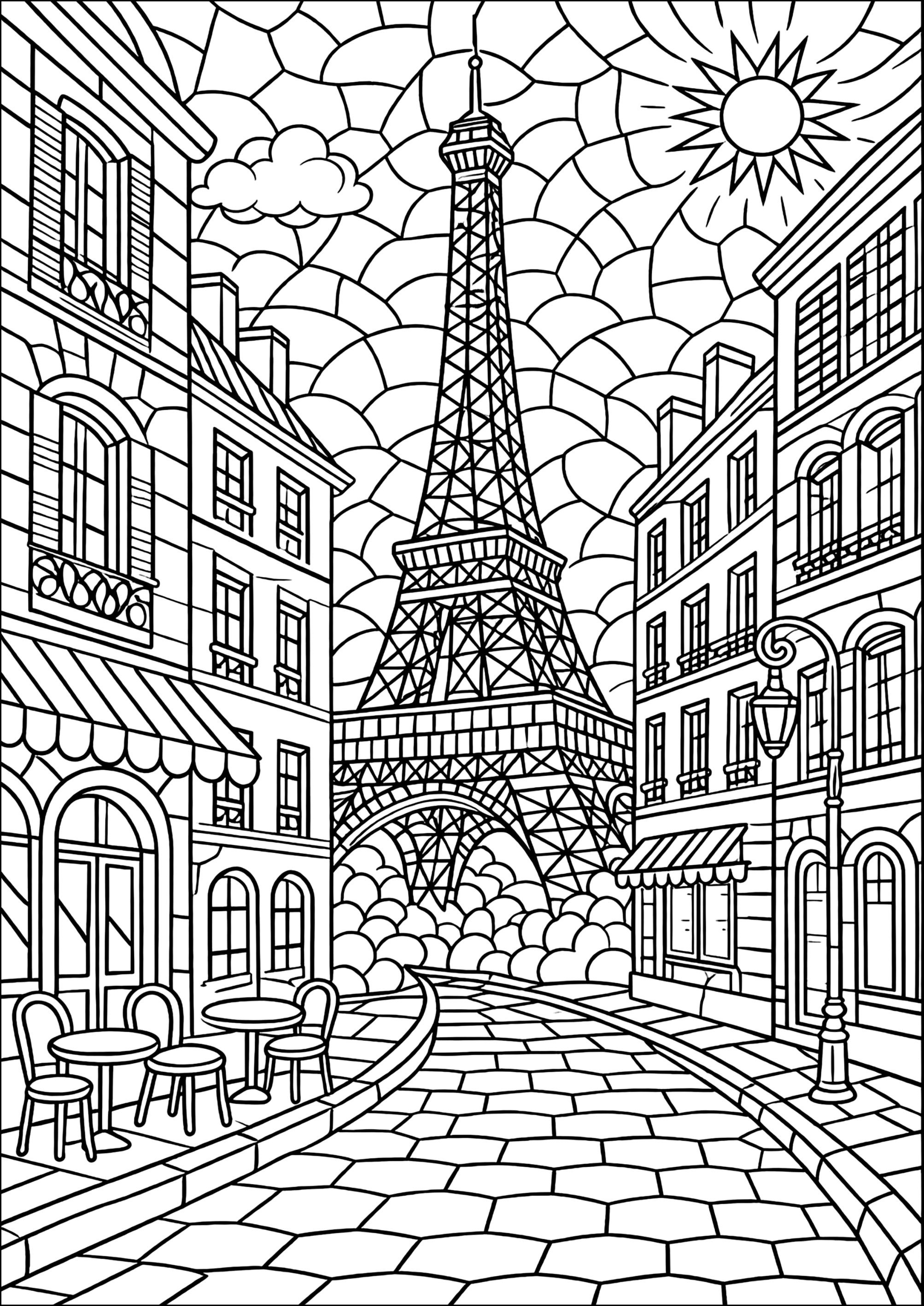 Un pintoresco paseo por la soleada París (Página para imprimir para adultos)