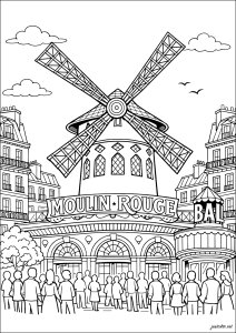 Entretenimiento frente al Moulin Rouge (Página de Paris  para imprimir)