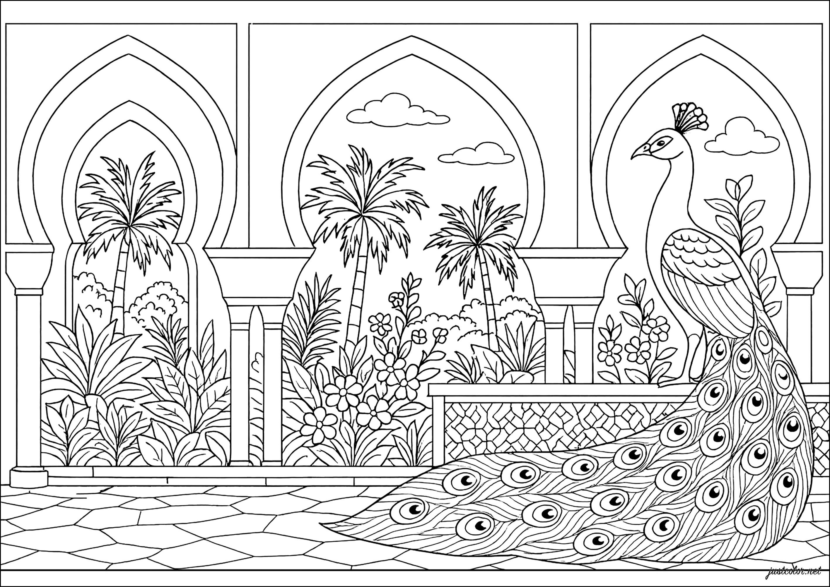 Pavo real elegante en un jardín exótico (Página de Pavos Reales para imprimir para adultos)