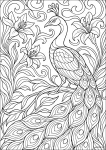 Pavo real majestuoso en un jardín Art Nouveau (Página de Pavos Reales para imprimir)