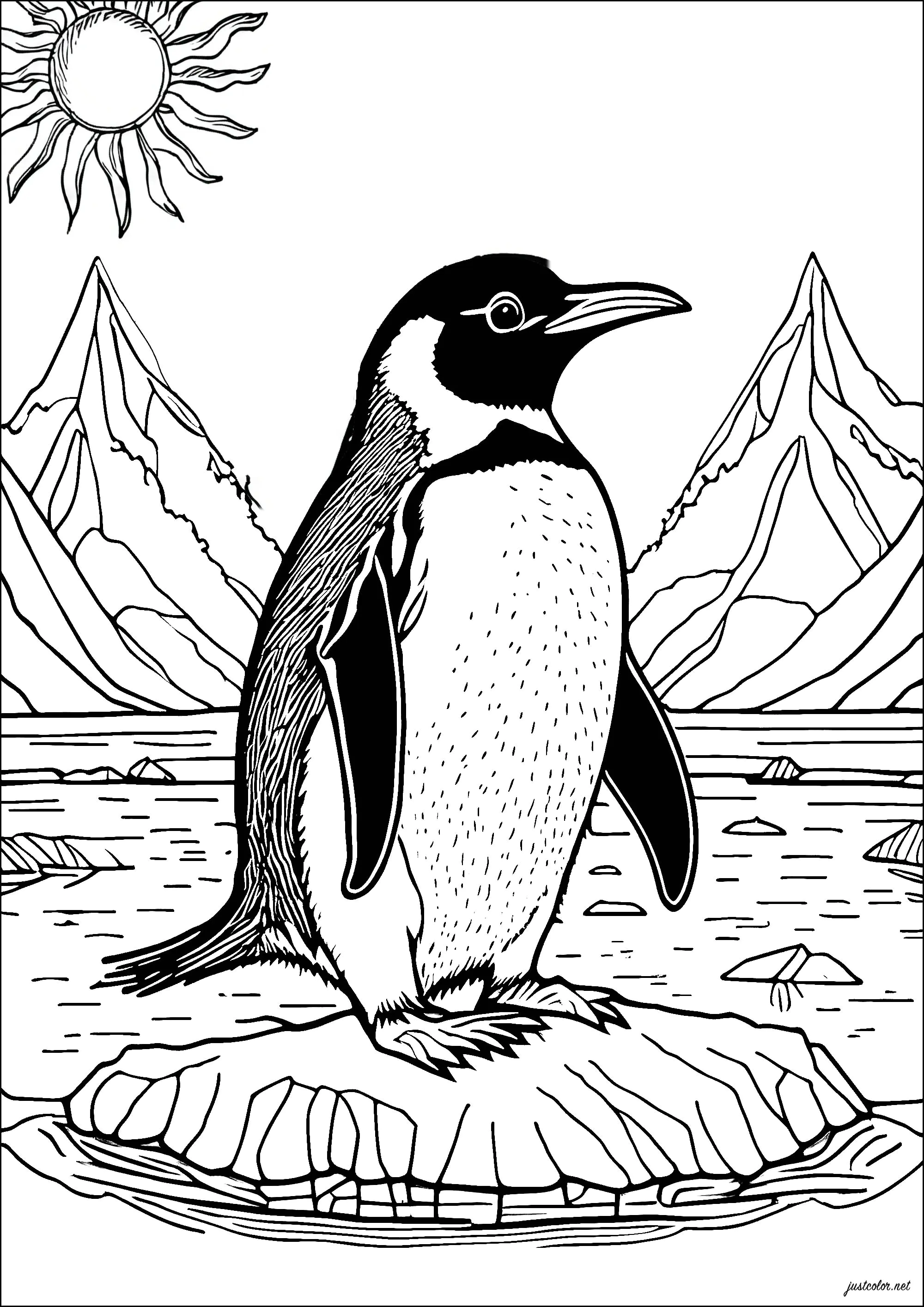 Bonito pingüino sobre un bloque de hielo (Página para imprimir para adultos)