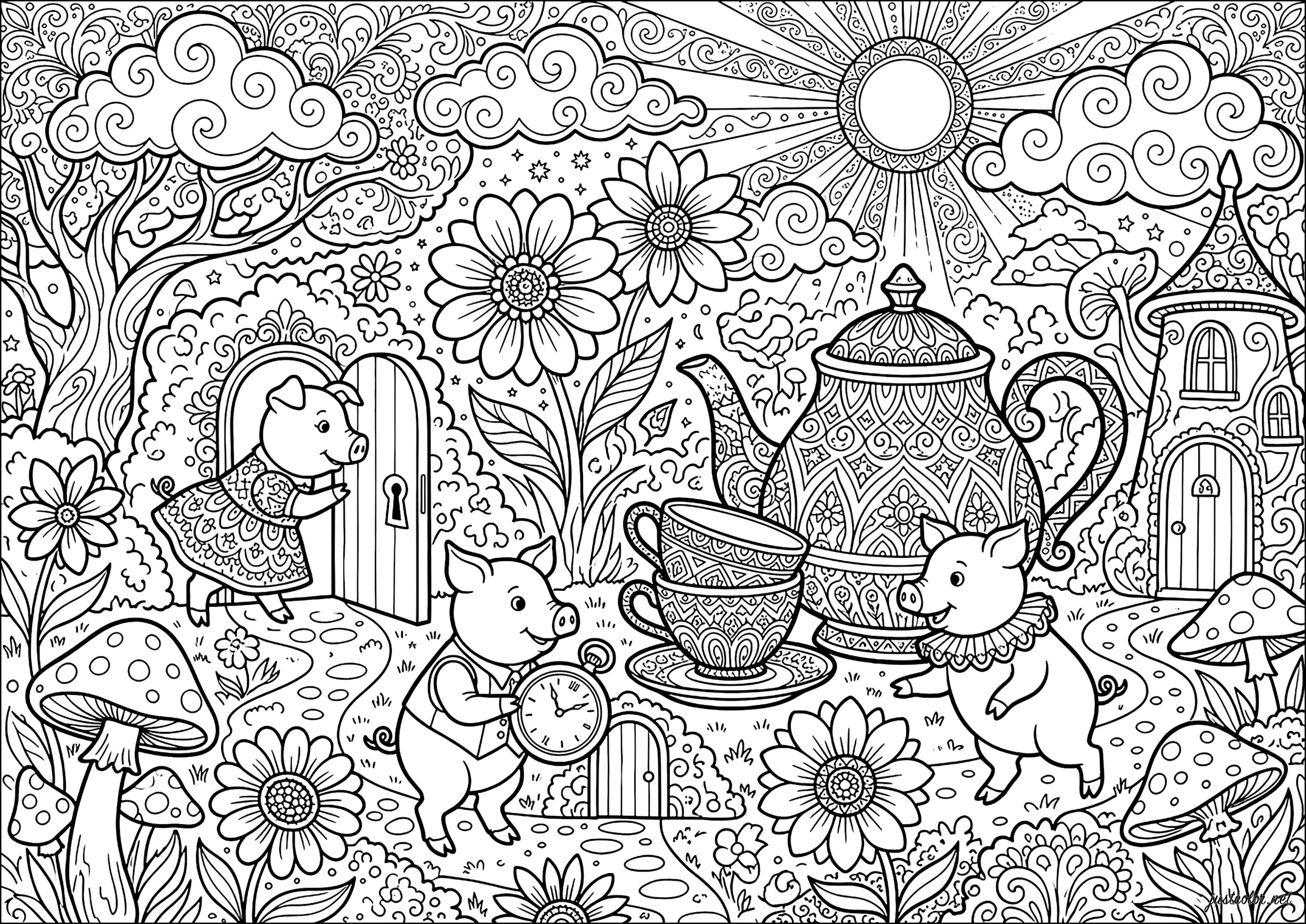 Tres cerdos en un jardín maravilloso (Página para imprimir para adultos)