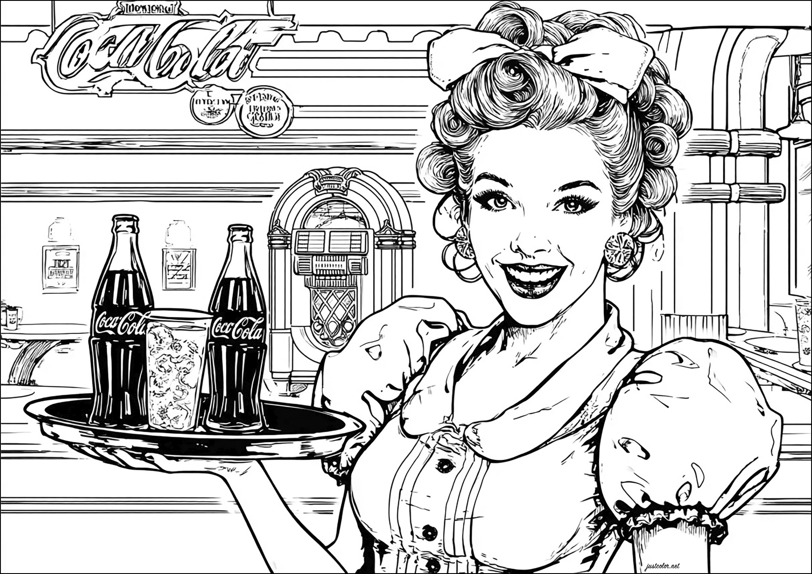 Bonita camarera y dos botellas de Coca-Cola (Página de Pin-up de los años 50 para imprimir para adultos)