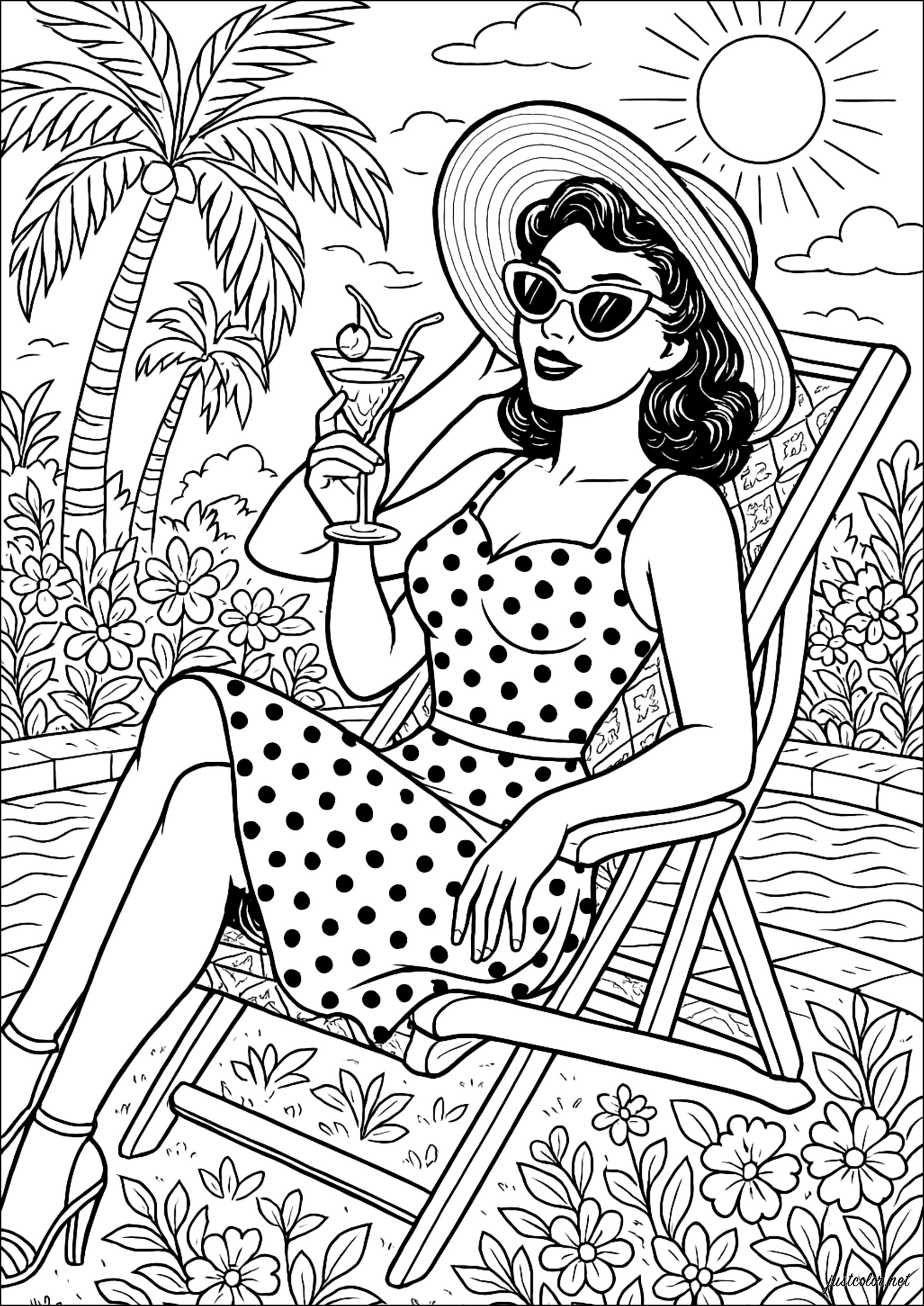 Elegancia Retro junto a la Piscina (Página de Pin-up de los años 50 para imprimir para adultos)
