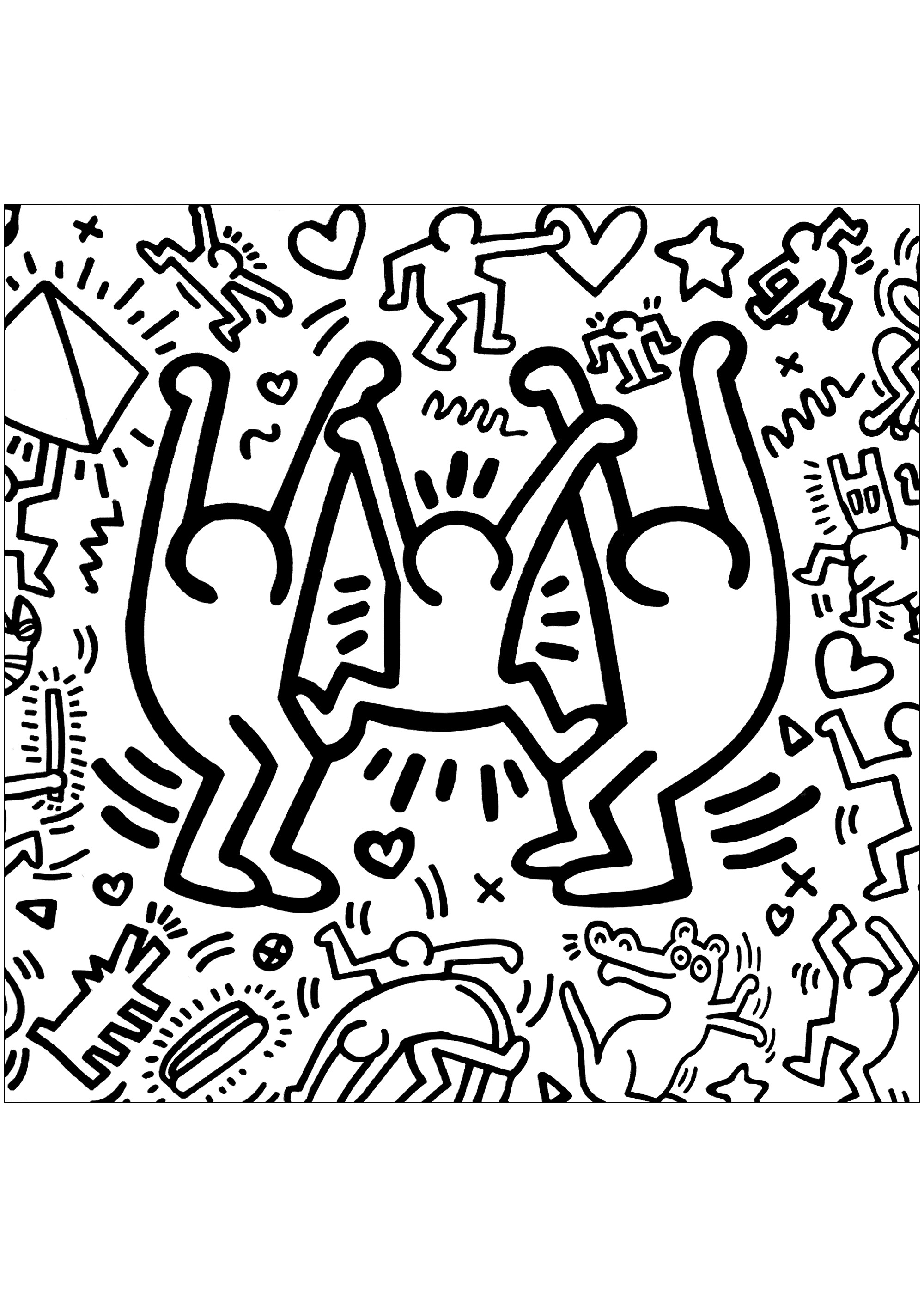 Colorea estos tres personajes felices grandes y pequeños (versión cuadrada). Un coloreado inspirado en las obras de Keith Haring