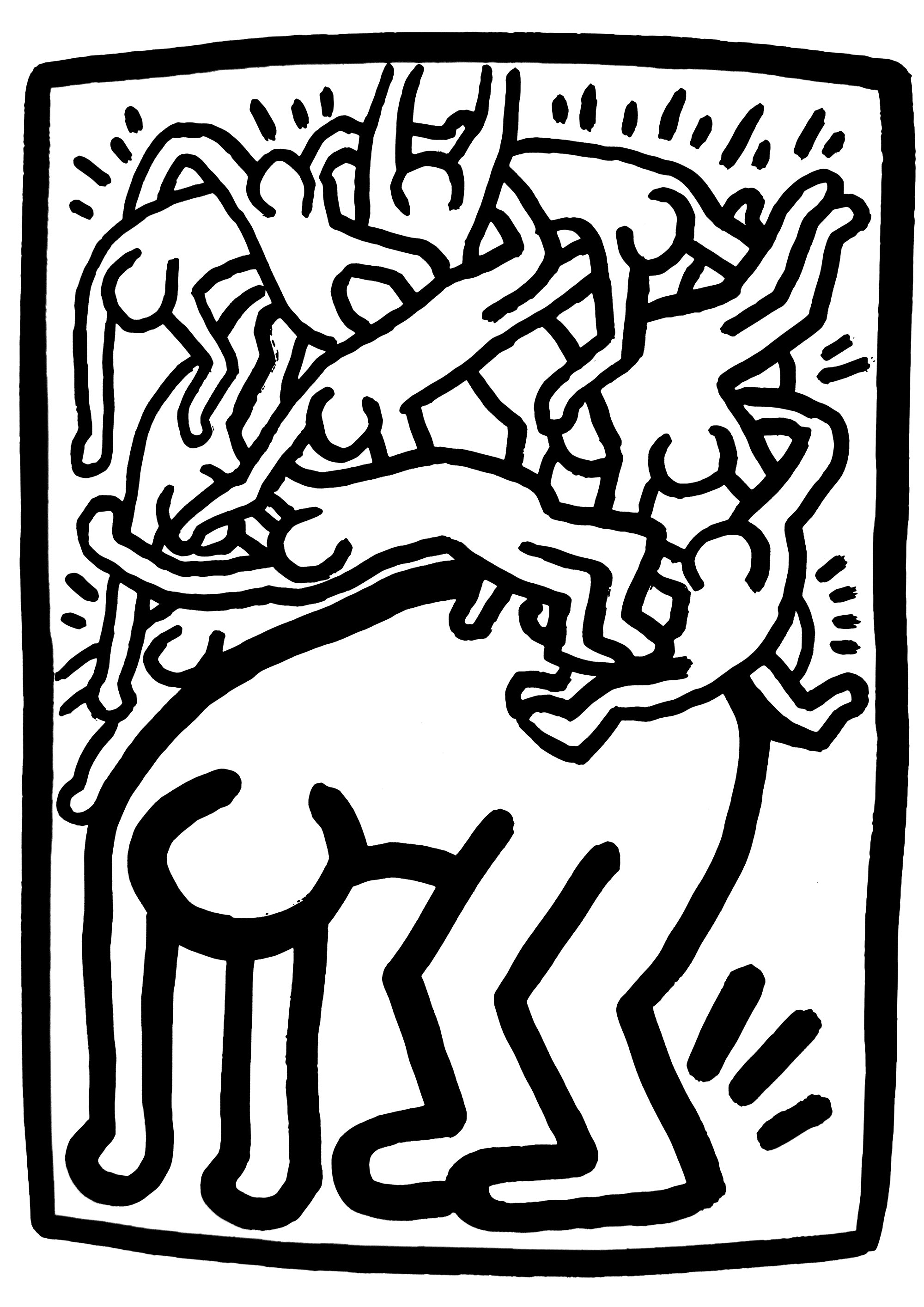 Keith haring multiples personnages. A la espalda de una gran figura, una multitud de pequeños personajes se entremezclan, bailando y saltando con una energía desbordante.