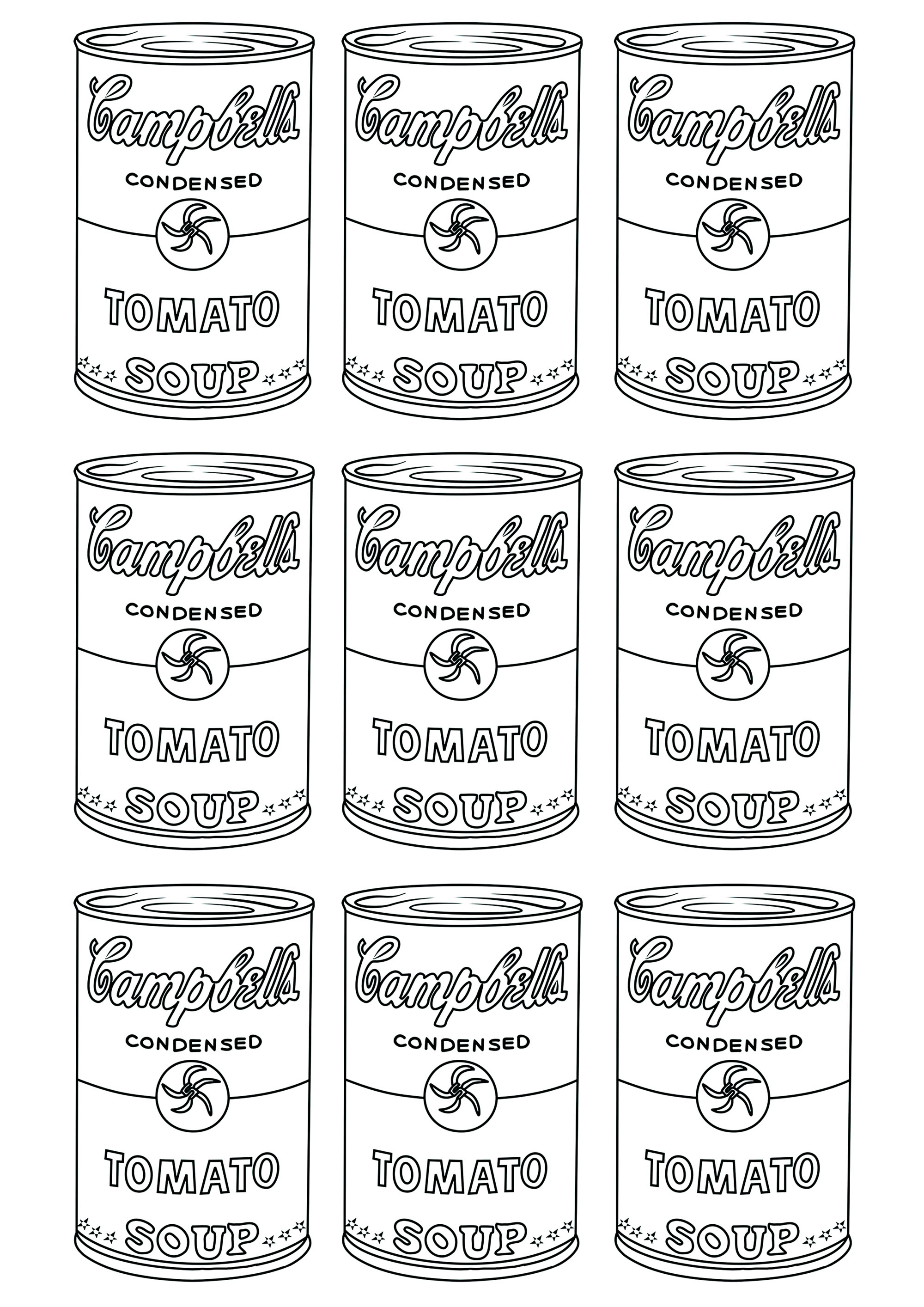 Latas de sopa Campbell's (Página de Pop Art para imprimir) Latas de sopa Campbell's (Página de Pop Art para imprimir para adultos)