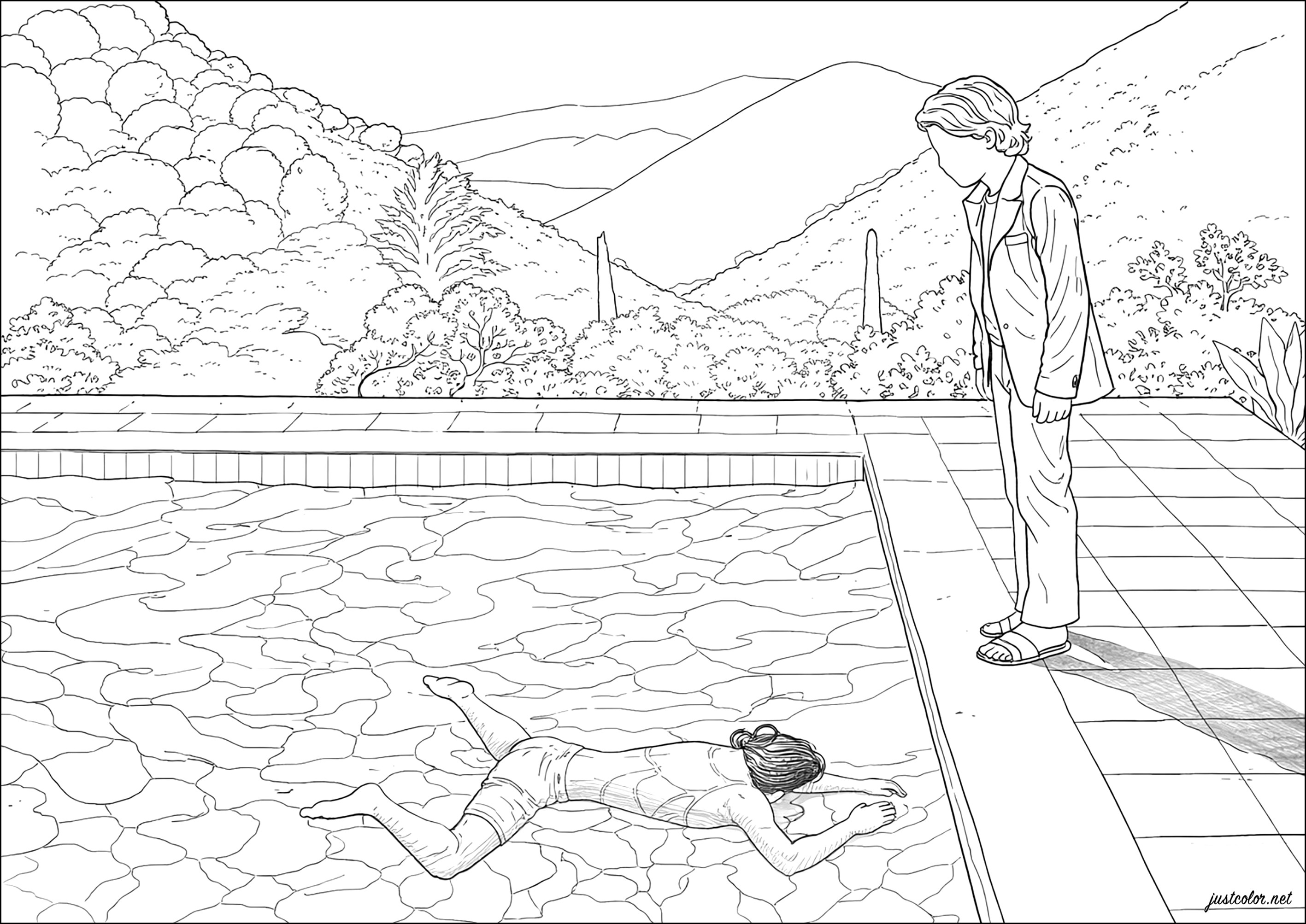 Coloreado inspirado por Retrato de un artista (Piscina con dos figuras), de David Hockney (Página de Pop Art para imprimir para adultos)