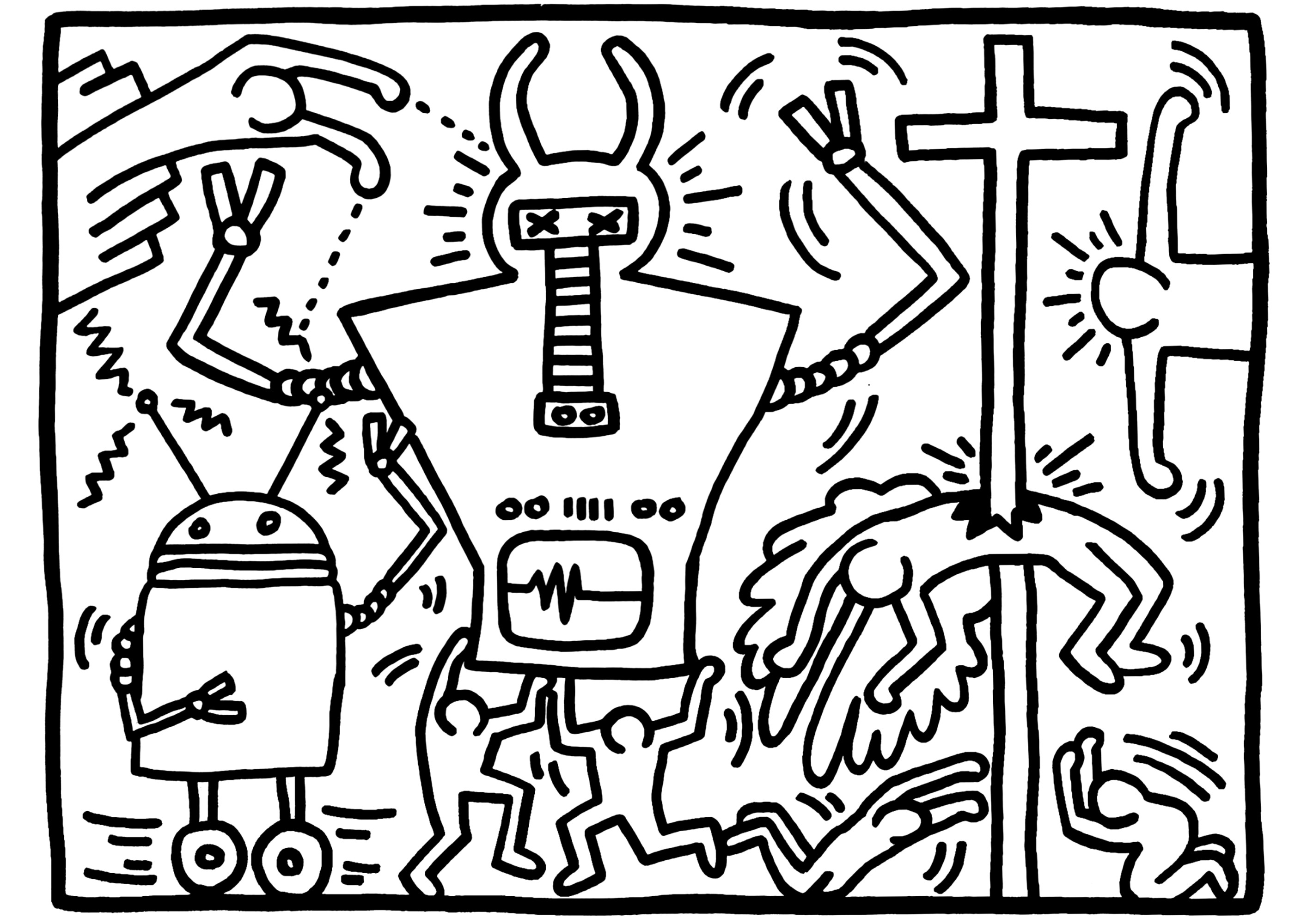 Robots y figuras danzantes dinámicas (Keith Haring) (Página de Pop Art para imprimir para adultos)