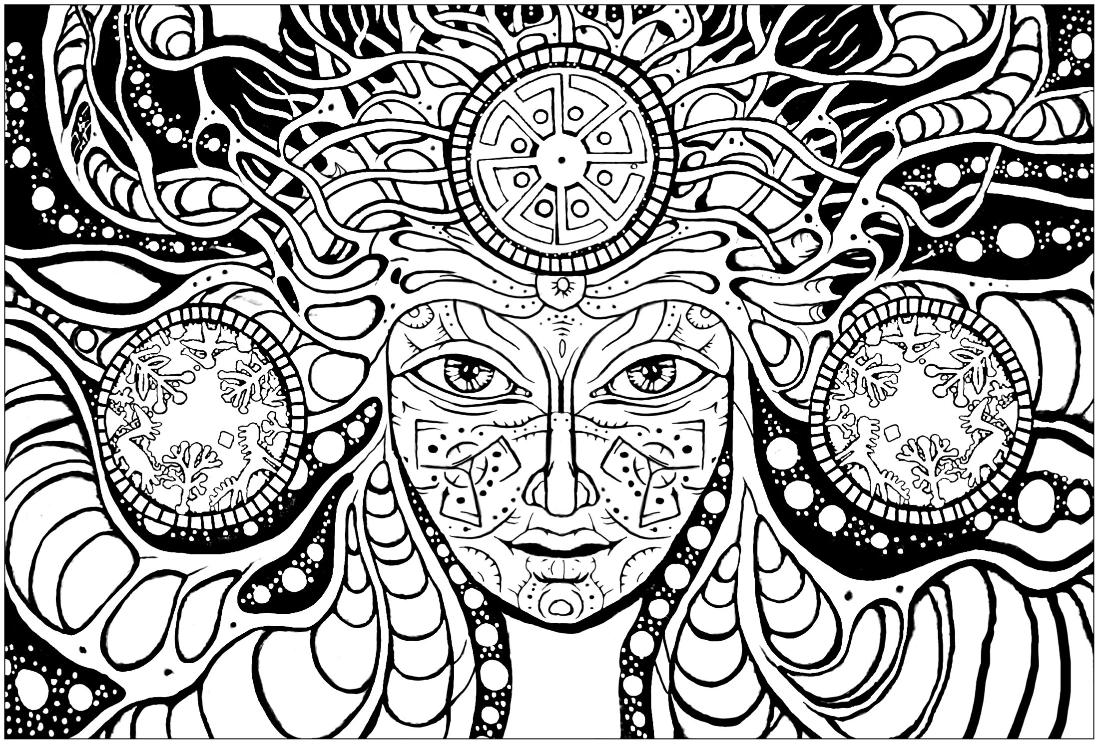 Mujer psicodélica: colorea su rostro hechizante y los extraños dibujos que la rodean