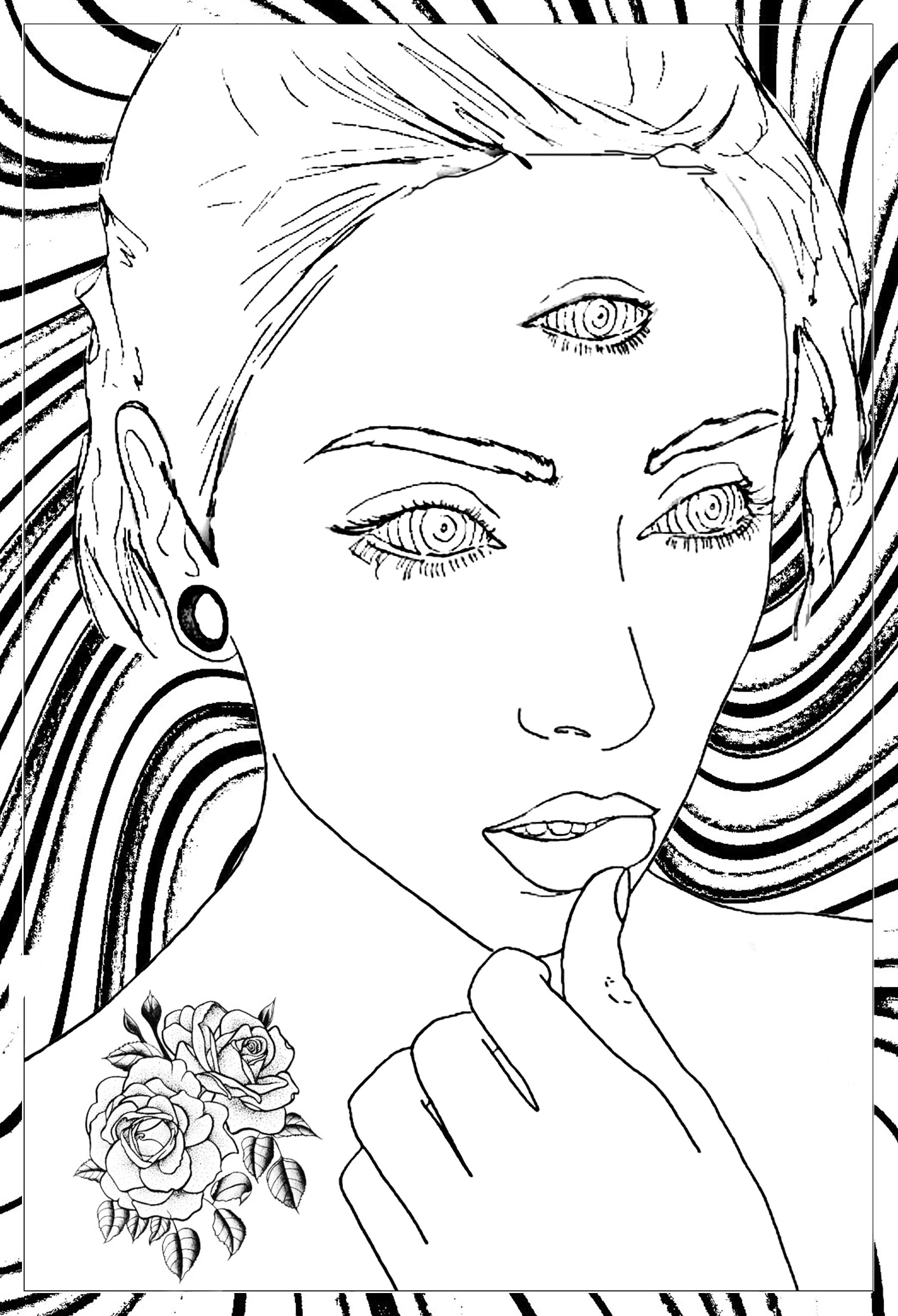 Dibujo original de una mujer pensativa con 3 ojos ... con un fondo muy psicodélico