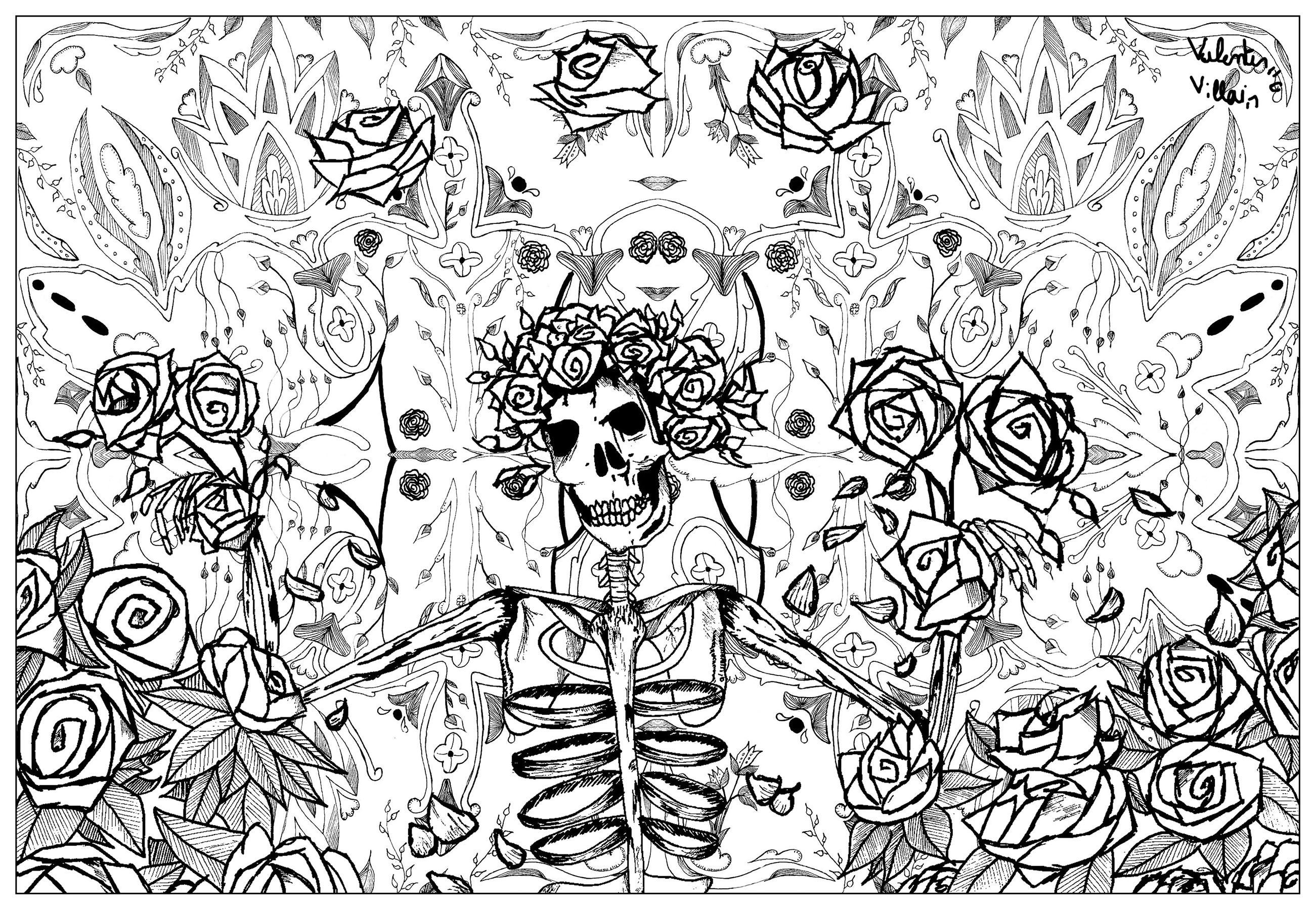 Ilustración original inspirada en los visuales de la banda de rock estadounidense Grateful Dead. Grateful dead es considerado uno de los principales representantes del movimiento psicodélico.Esta página para colorear es perfecta para los amantes de la música y la psicodelia. Te permitirá sumergirte en un universo único y desarrollar tu creatividad, Artista : Valentin