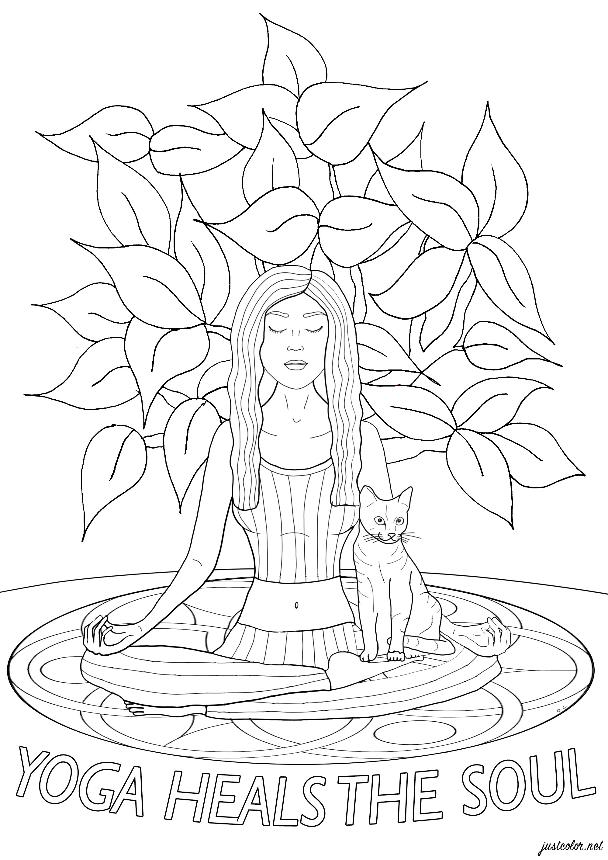 Mujer practicando yoga con su gato, con el texto 'El yoga cura el alma', Artista : Olivier