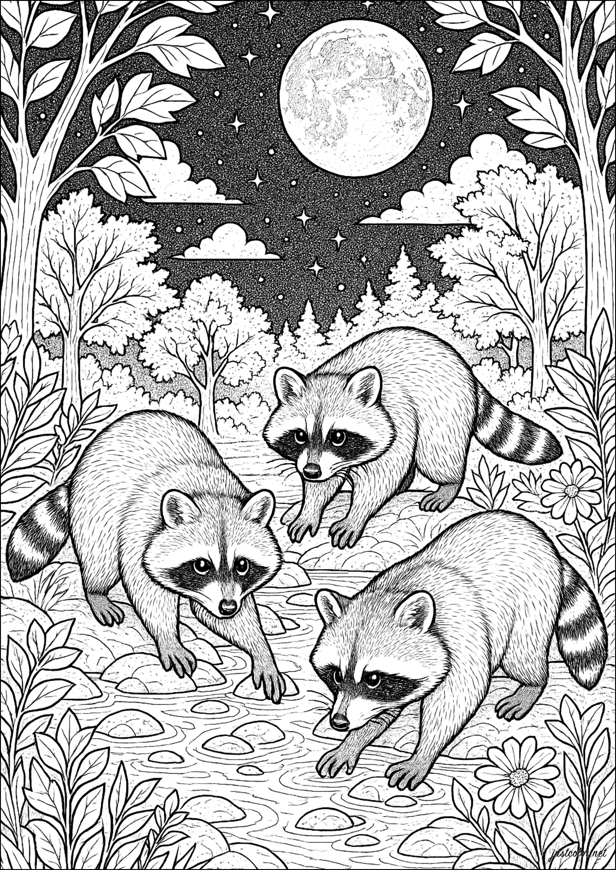 Exploración nocturna del bosque encantado (Página de Mapache para imprimir para adultos)