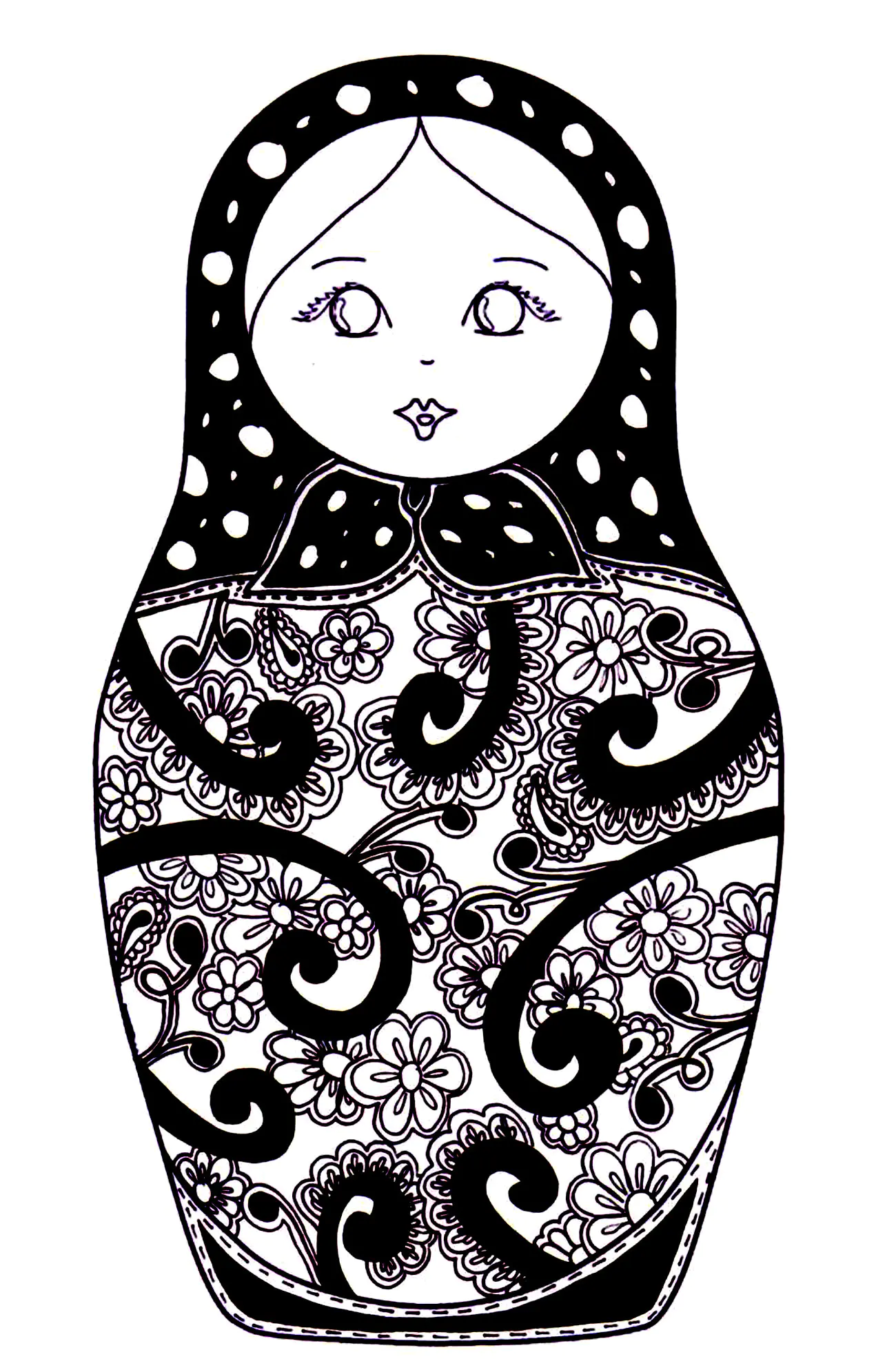 Muñeca rusa bonita con motivos florales (Página de Muñecas Rusas para imprimir para adultos)