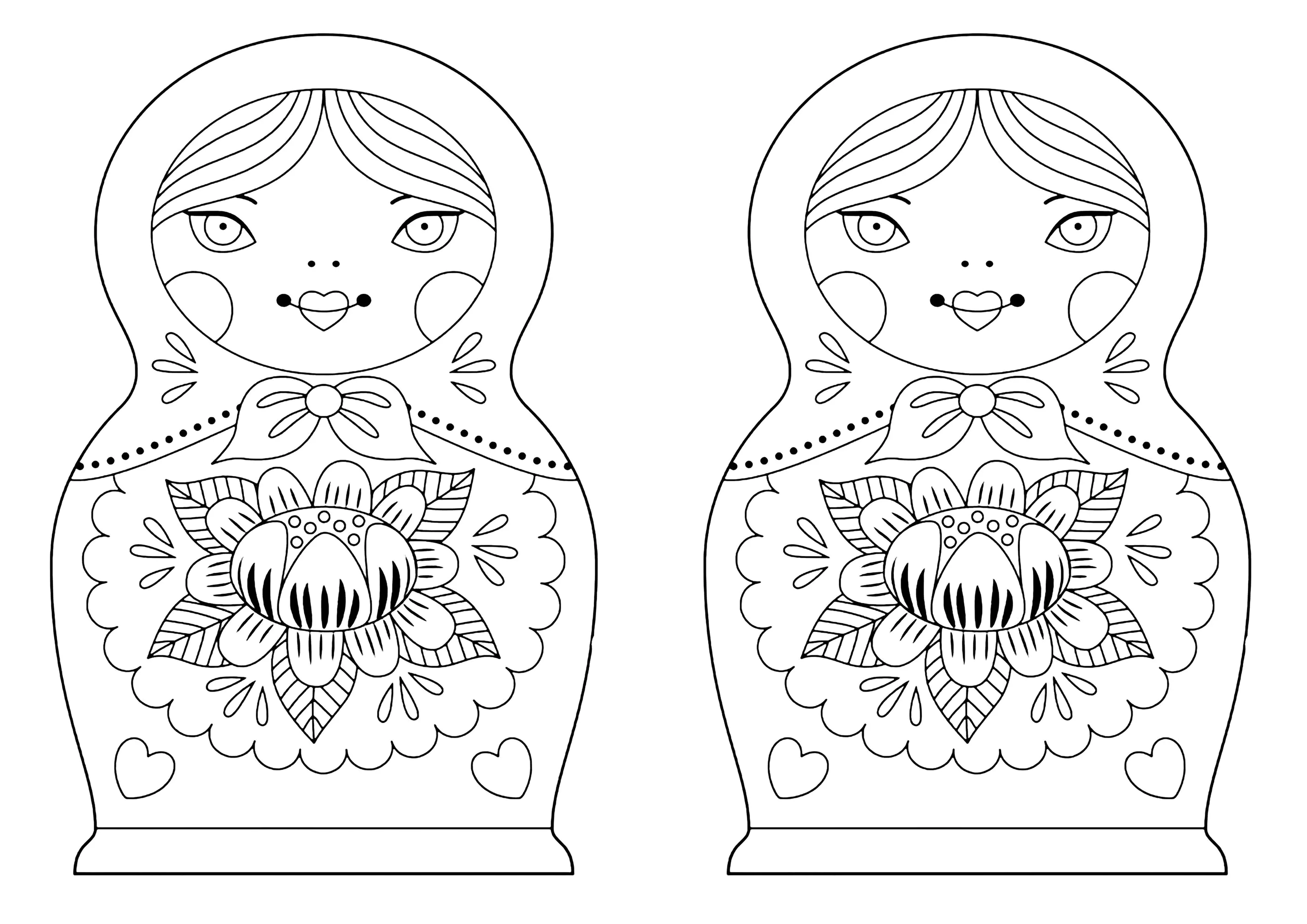 Dos muñecas rusas con flor de loto (Página para imprimir para adultos)