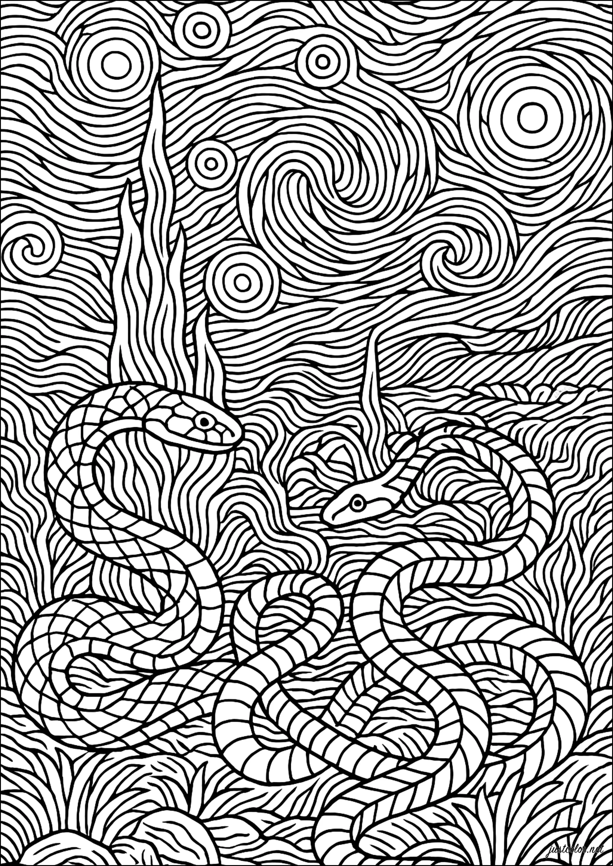 Serpientes Entrelazadas Bajo un Cielo Remolino (inspiración de Van Gogh) (Página para imprimir para adultos)