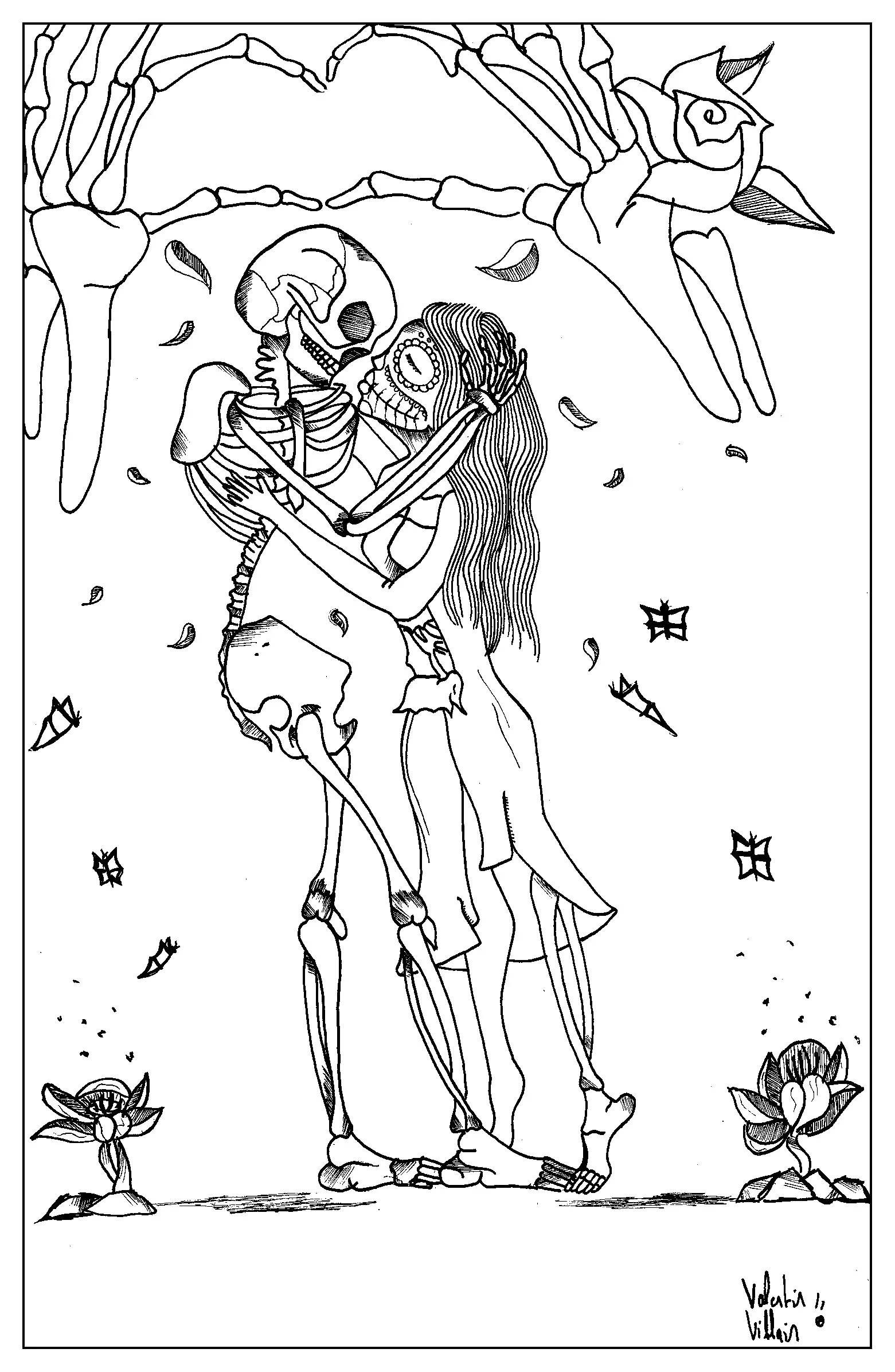 Esqueletos enamorados (Página de Día De San Valentín para imprimir para adultos)
