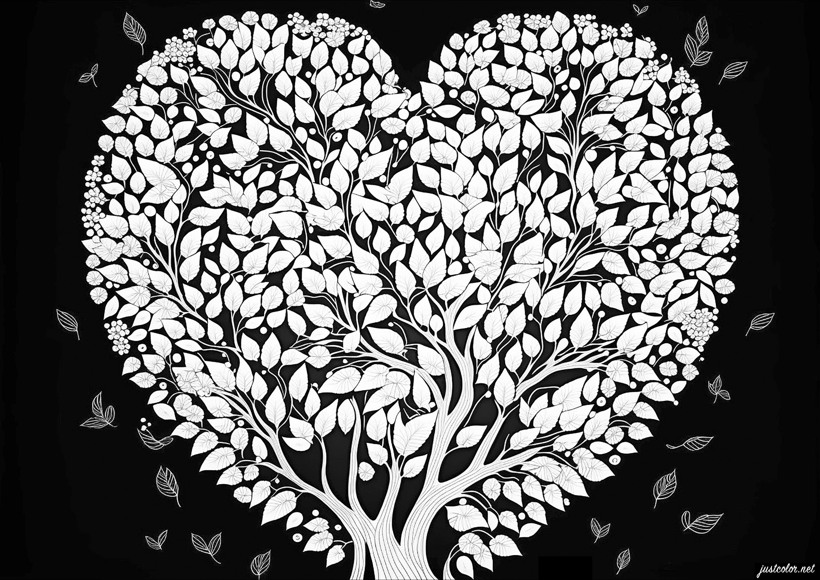 Árbol del amor sobre fondo negro. Colorea este magnífico árbol en forma de corazón y sus numerosas y elegantes flores.